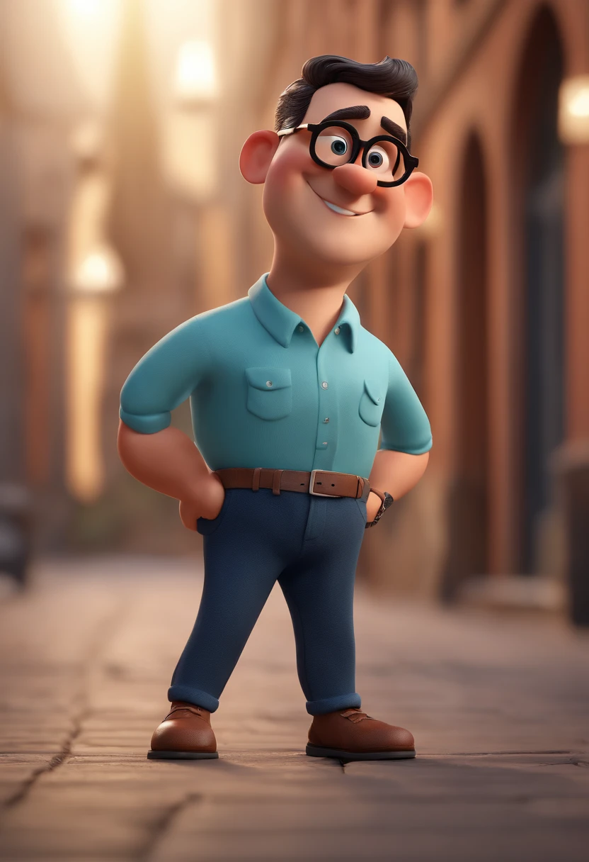 Cartoon character of a man with black glasses and a blue shirt, animation character, Caractere estilizado, animation style rendering, 3D estilizado, Arnold Maya render, 3 d render stylized, toon render keyshot, Personagem 3D, Personagem 3D, 3d rendering stylized, 3 d character render, personagem de desenho animado, Personagem de close up, Pose de personagem,  (Estilo Pixar) (master part:1.2) (Bokeh) (best quality) (pele detalhada) (textura detalhada) (8k) (argila) (Cinematic lighting) (foco nítido