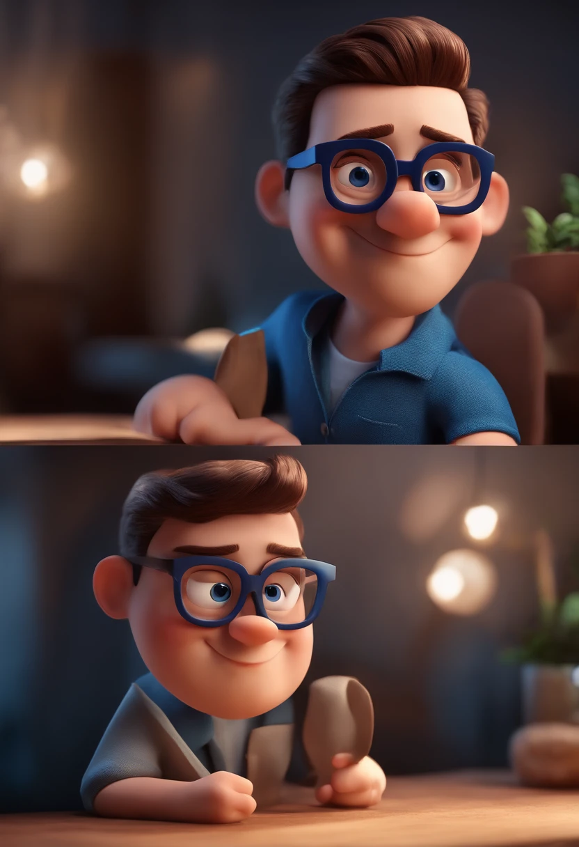 Cartoon character of a man with black glasses and a blue shirt, animation character, Caractere estilizado, animation style rendering, 3D estilizado, Arnold Maya render, 3 d render stylized, toon render keyshot, Personagem 3D, Personagem 3D, 3d rendering stylized, 3 d character render, personagem de desenho animado, Personagem de close up, Pose de personagem,  (Estilo Pixar) (master part:1.2) (Bokeh) (best quality) (pele detalhada) (textura detalhada) (8k) (argila) (Cinematic lighting) (foco nítido