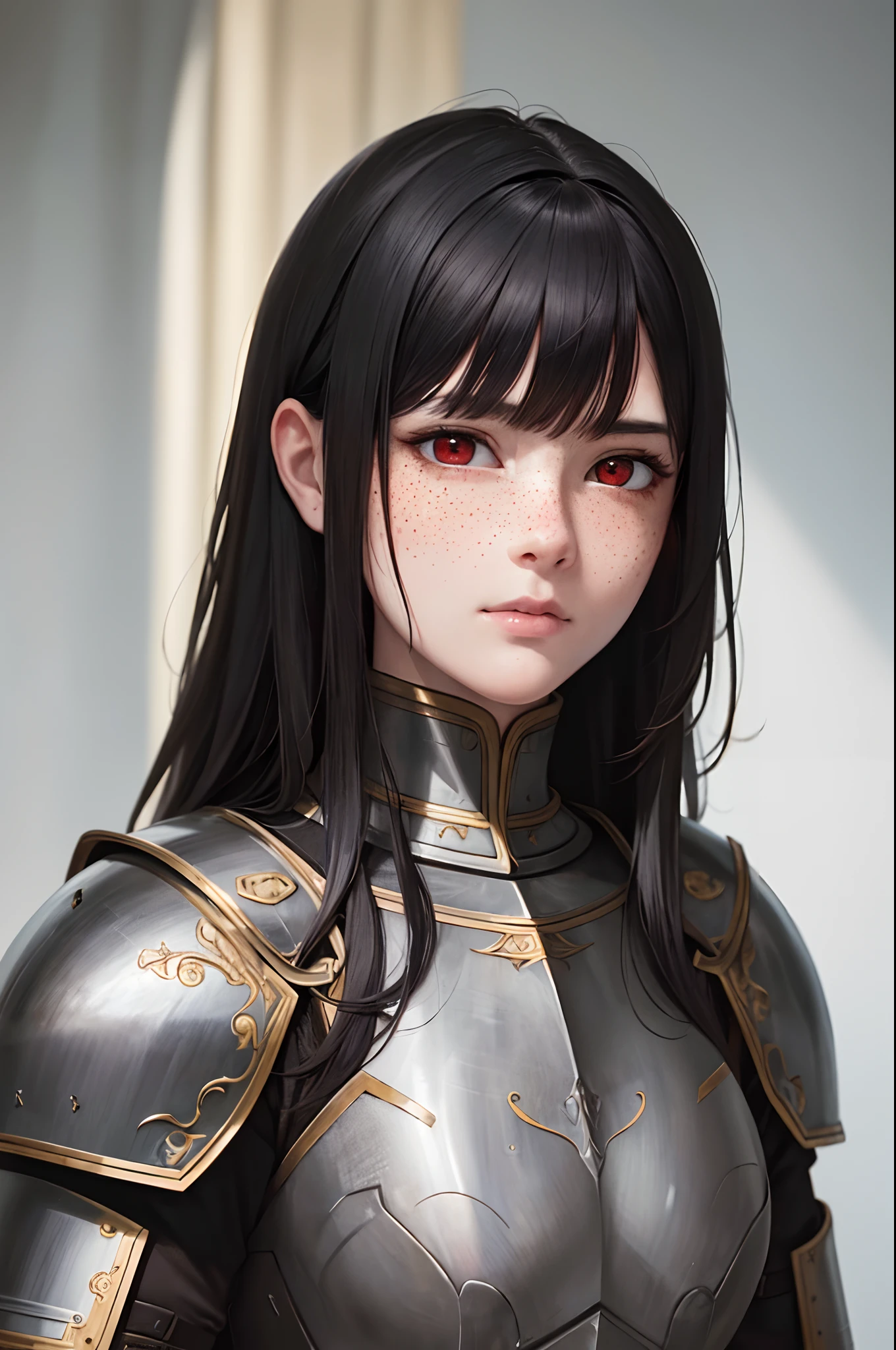 masterpiece, (realistic), highres, highly detailed, intricate, beautiful woman, Black hair, red eyes, freckles, detailed face, knight, armor