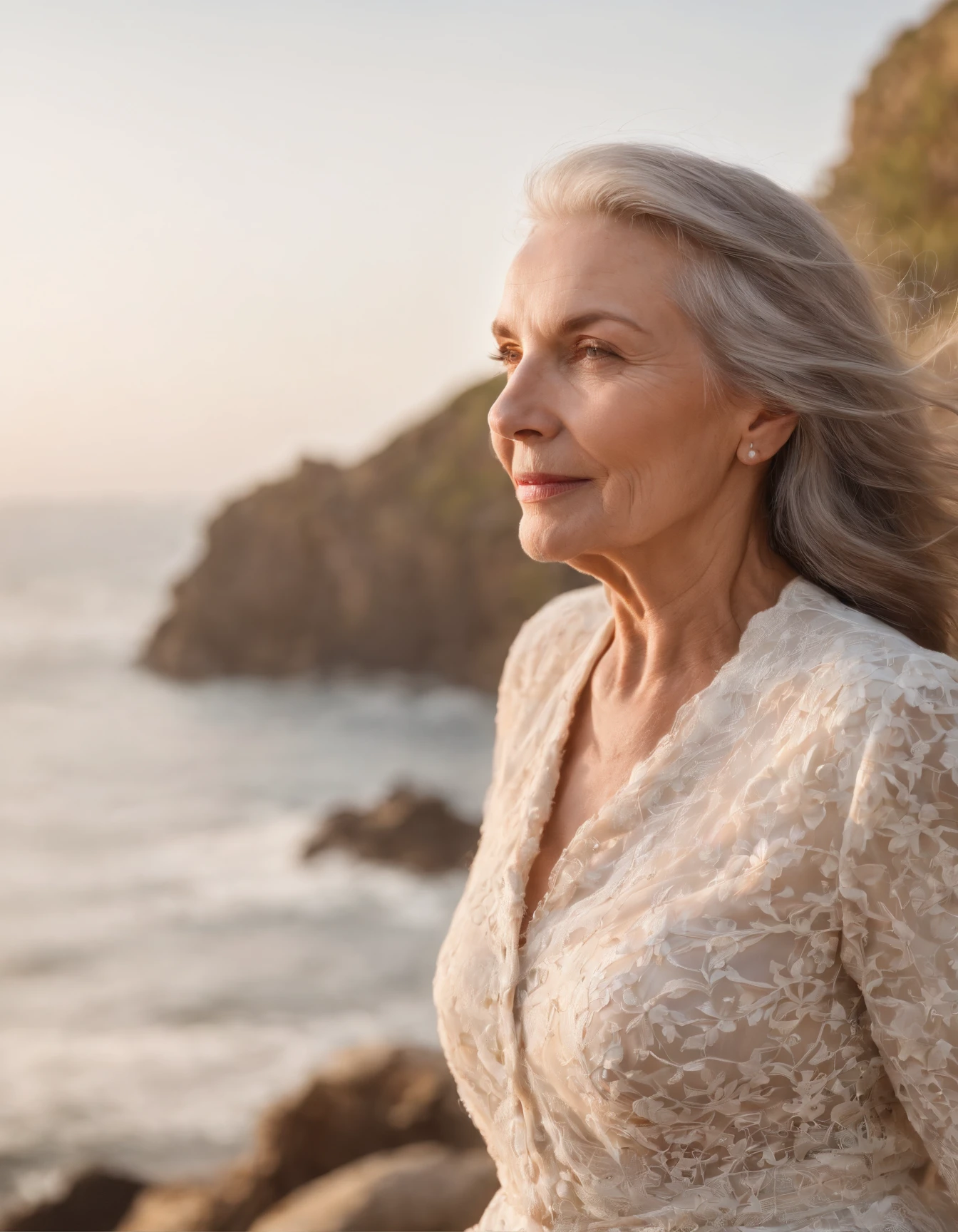 Beleza costeira, Elderly woman in a lovely nautical clothes, (Cabelos brancos curtos), camisa listrada, (olhos brilhantes, pele beijada pelo sol, carefree expression), Fundo arenoso da praia, farol, Brisa suave do mar, playful pose, dynamic compositing, golden hour lighting, Fundo desfocado, cores ricas, detalhes finos, hiper-realista, Lente 50mm, relaxed atmosphere. fotografia de retrato, Filme 35mm, natural blurry