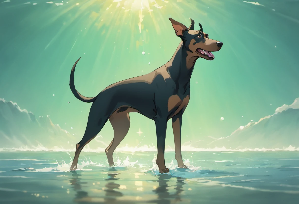 Adult Doberman Dog, Standing on 4 legs in the water near the shore. sobre um guarda sol respingando ondas, water reflections, raios de sol, Belas Nuvens