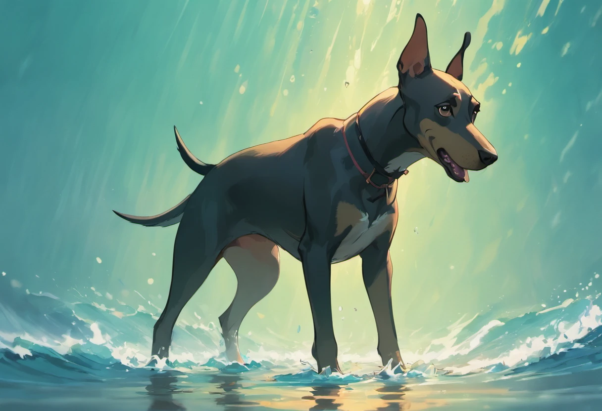 Adult Doberman Dog, Standing on 4 legs in the water near the shore. sobre um guarda sol respingando ondas, water reflections, raios de sol, Belas Nuvens