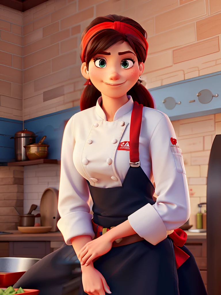 A skinny woman chef with red bandana style Disney Pixar