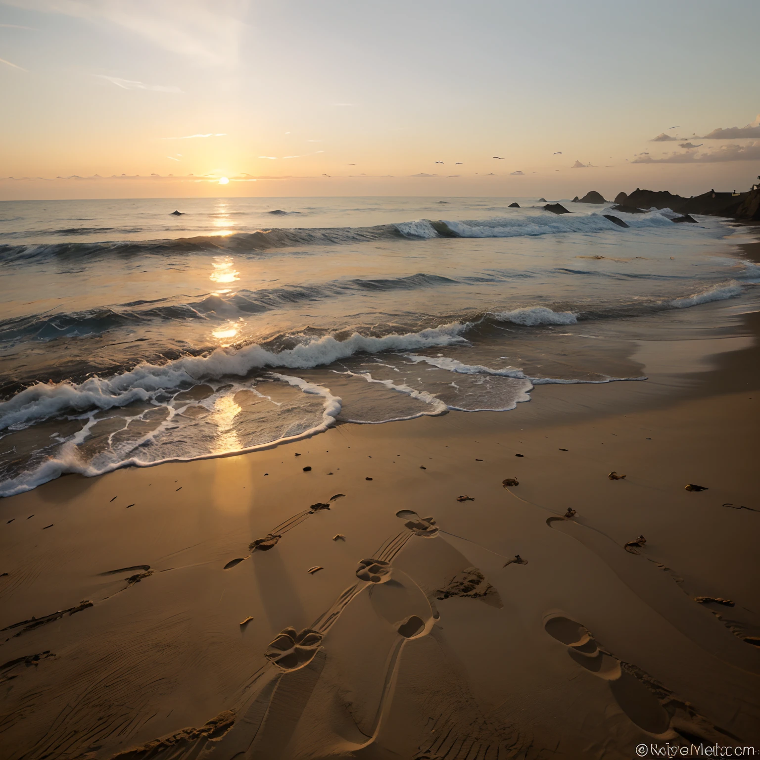 Photo taken with Kodak of a beautiful perfect sunset, por do sol na praia, Birds are flying, Footprints in the sand towards the waters,