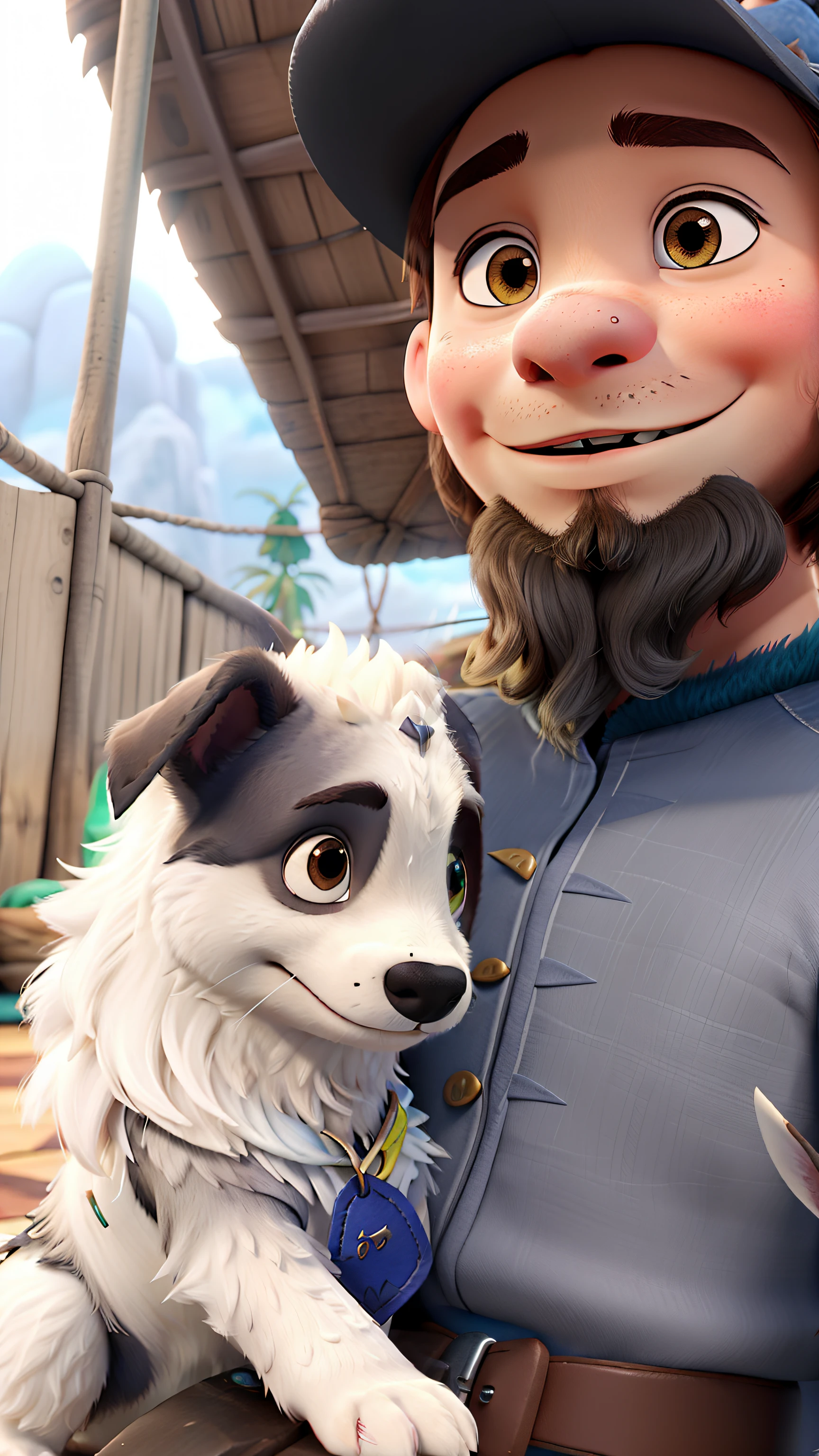 Uma belo jovem, sentado com seu cachorro, how to train your dragon.