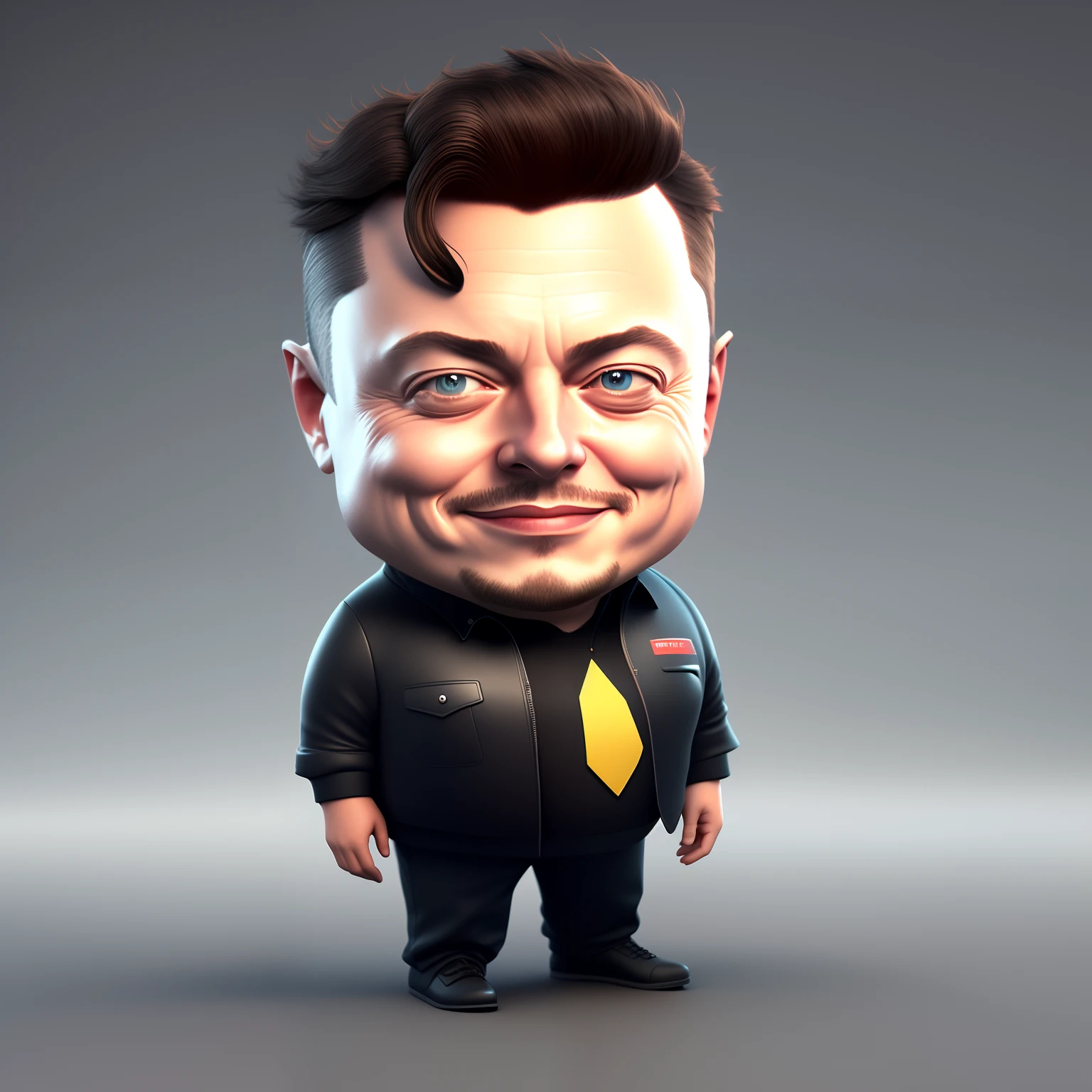 Single character, A cute caricature of Elon Musk, chubby, big eyes, black hairs, Tesla car background, realistic, 3d render, unreal 8k cinematic render