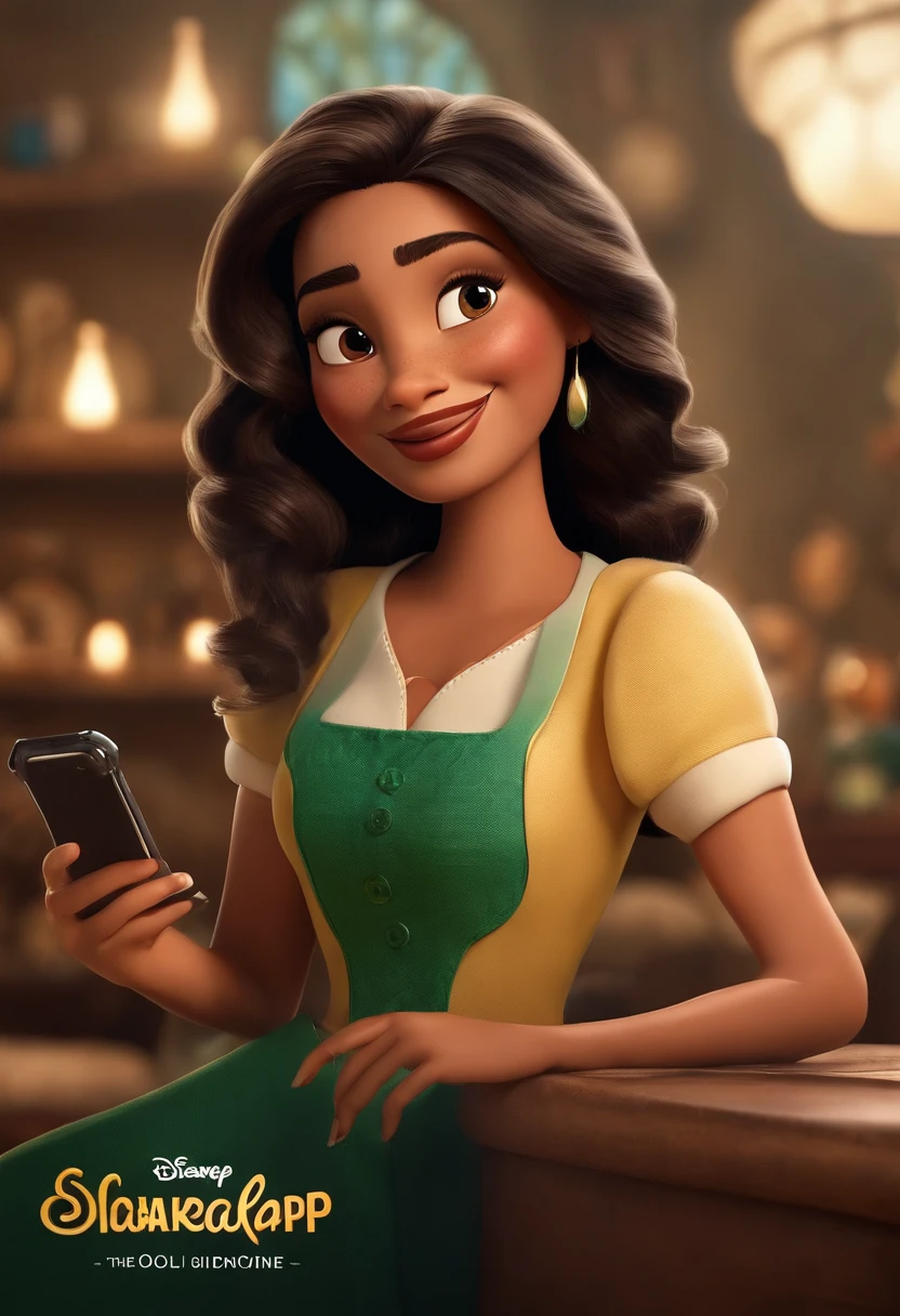 Crie um cartaz Disney/Cartaz de filme inspirado na Pixar, cena de uma bela mulher de 40 anos, Medium length wavy blonde highlighted black hair with blonde highlights, olhos castanhos escuros, sorriso largo, Rosto oval, pele branca, Holding an iPhone in your hand . Add highlighted text in front saying "Whatsapp: The tool that revolutionized the service at Disney Optics" Add highlighted text saying "Whatsapp: The tool that revolutionized customer service at opticians" to the scene. Inspirado nos emojis do filme Pixar Dynamic 3D Background