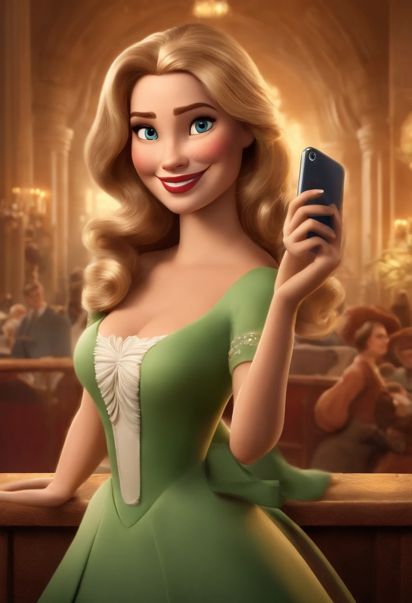 Crie um cartaz Disney/Cartaz de filme inspirado na Pixar, cena de uma bela mulher de 40 anos, Medium length wavy blonde highlighted black hair with blonde highlights, olhos castanhos escuros, sorriso largo, Rosto oval, pele branca, Holding an iPhone in your hand . Add highlighted text in front saying "Whatsapp: The tool that revolutionized the service at Disney Optics" Add highlighted text saying "Whatsapp: The tool that revolutionized customer service at opticians" to the scene. Inspirado nos emojis do filme Pixar Dynamic 3D Background