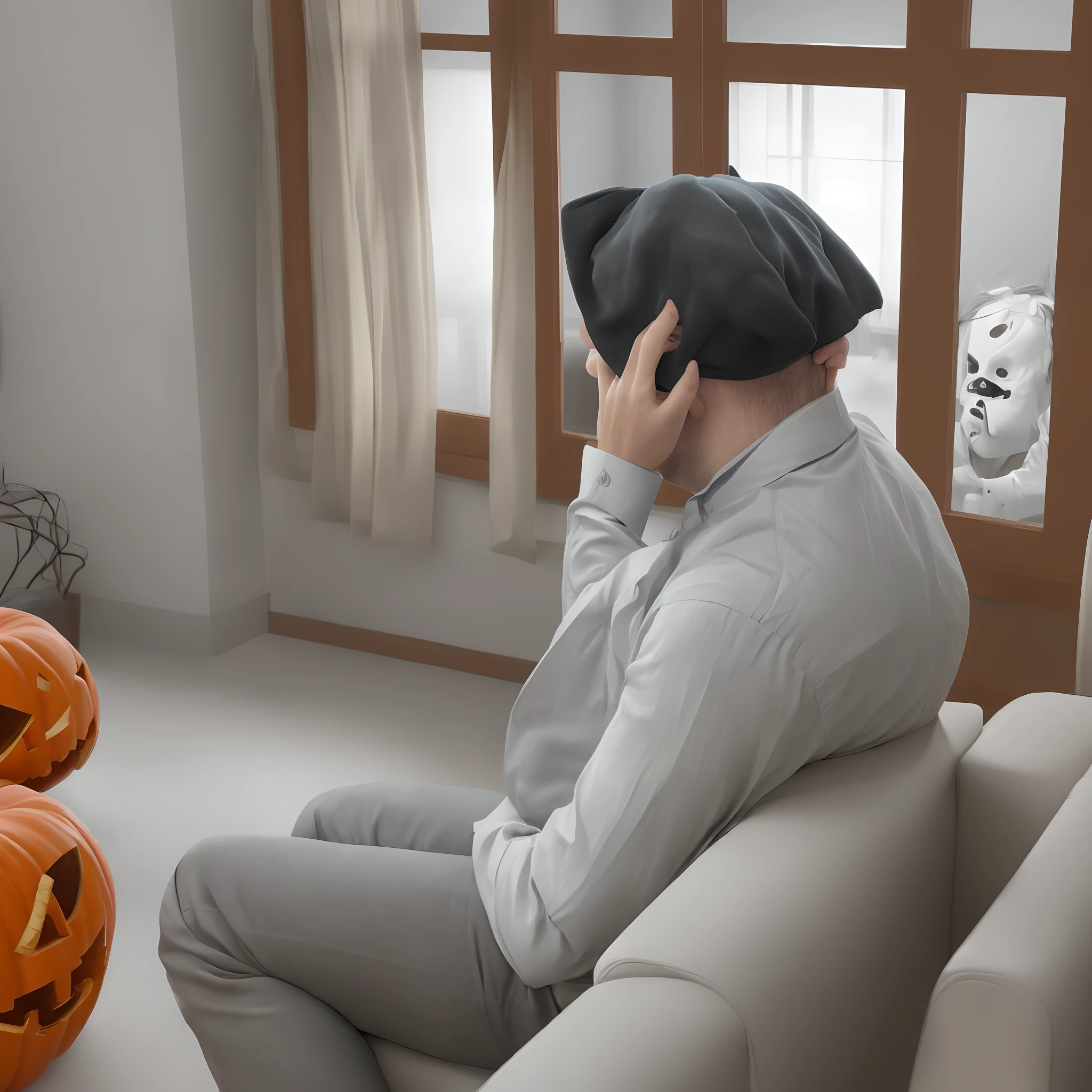 man covering ears sitting in living room with voices surrounding his head and trick or treaters passing by the window