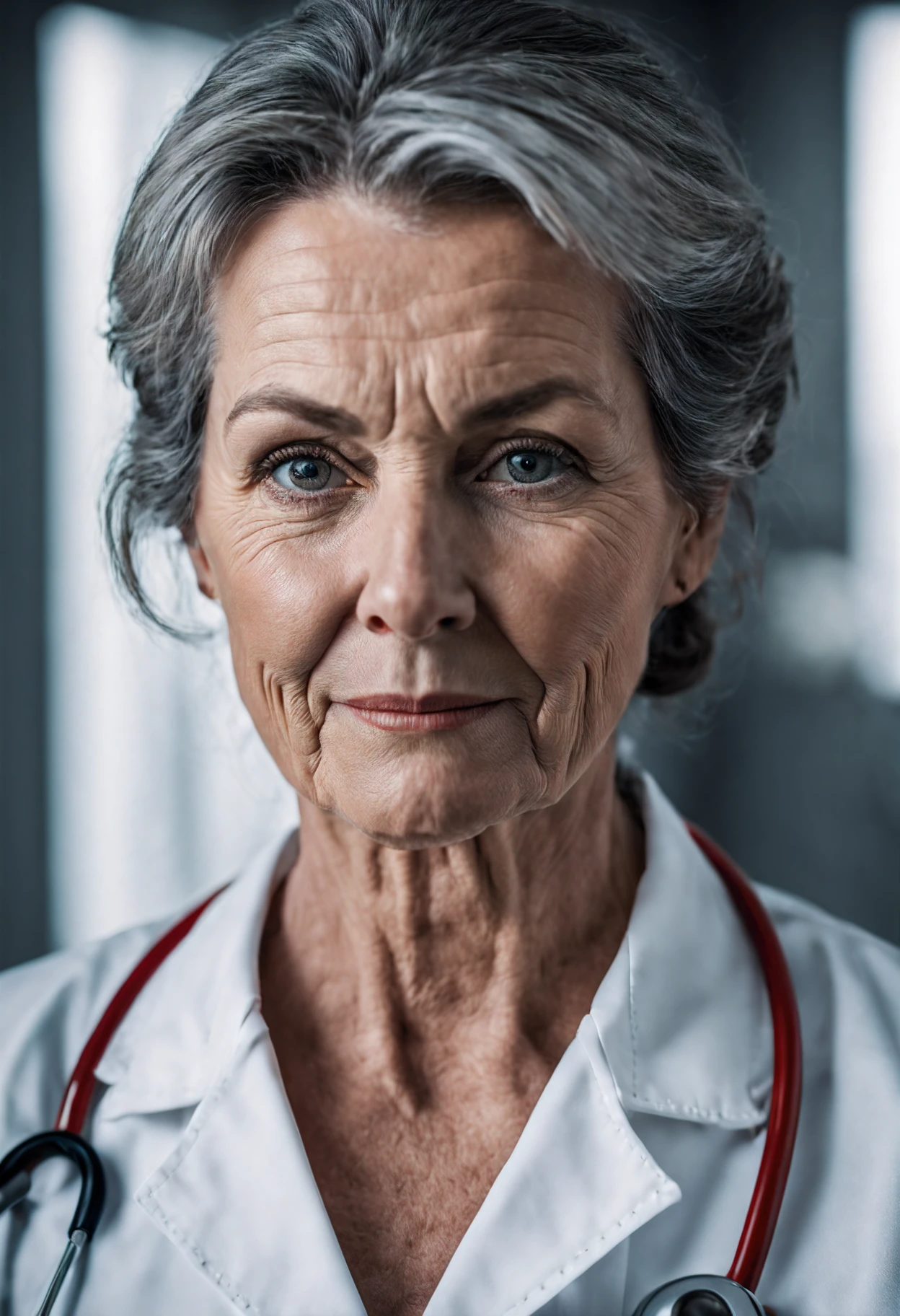 Hyper detailed photograph of a captivating portrait of a wise and pretty mature nurse, adorned with serious and calm expression that tells tales of countless patient cases, (looking at viewer:1.2), (sharp focus, hyper detailed, highly intricate:1.20), (natural lighting:1.2), Extremely high-resolution details, photographic, realism pushed to extreme, fine texture, incredibly lifelike, cinematic, 35mm film, 35mm photography, film, photo realism, DSLR, 8k uhd, hdr, ultra-detailed, high quality, high contrast