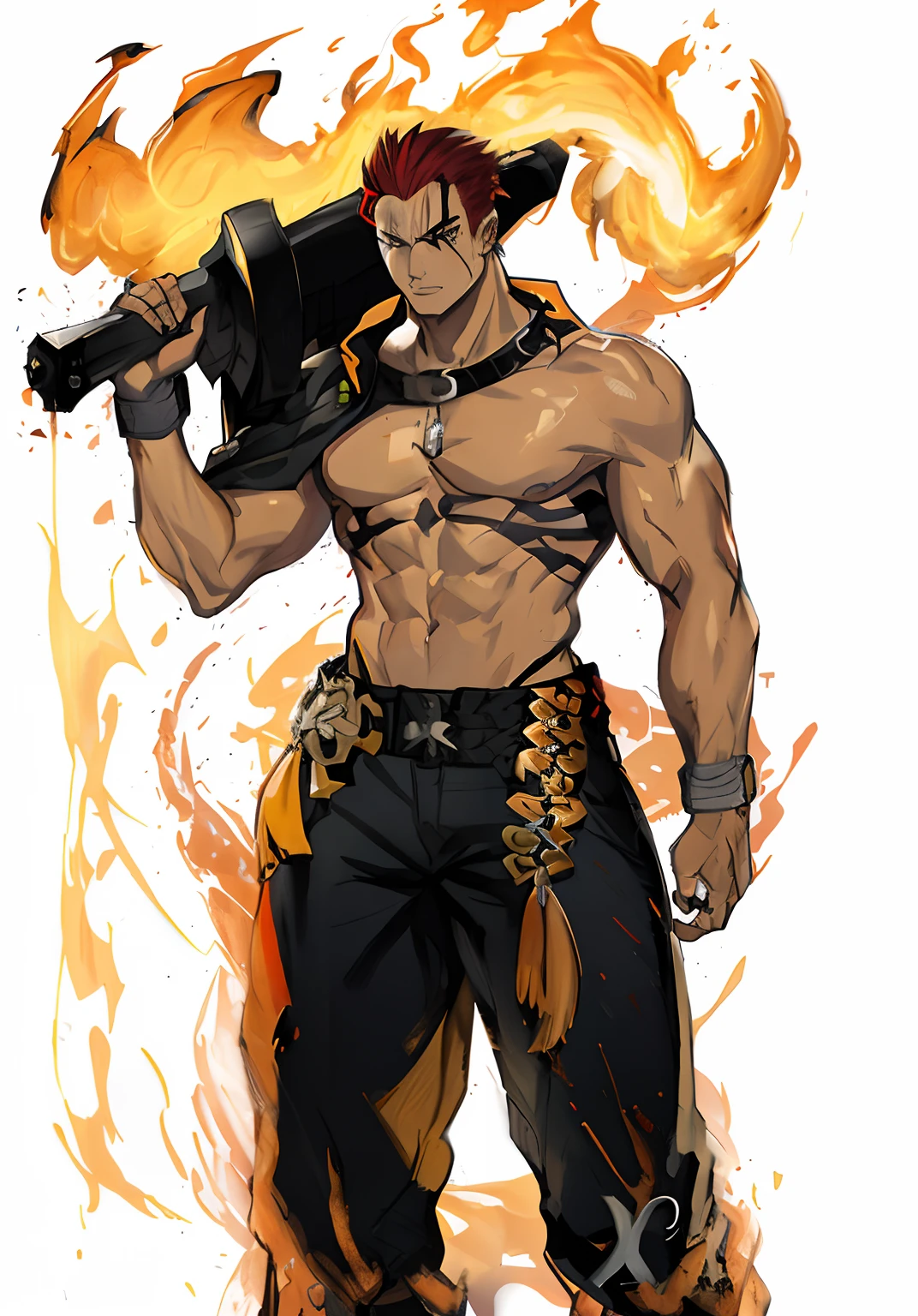red hair ,um close up de um homem segurando uma montante coberta de chamas, fire!! corpo inteiro, personagem ruivo, olhos azuis, guilty gear strive splash art, Personagem de King of Fighters, Keqing de Genshin Impact, cara bonito na arte demon slayer, arte oficial do personagem, como personagem em tekken, arte do personagem masculino humano, Genzoman, estilo de arte guilty gear, holding very great sword, scars in the face