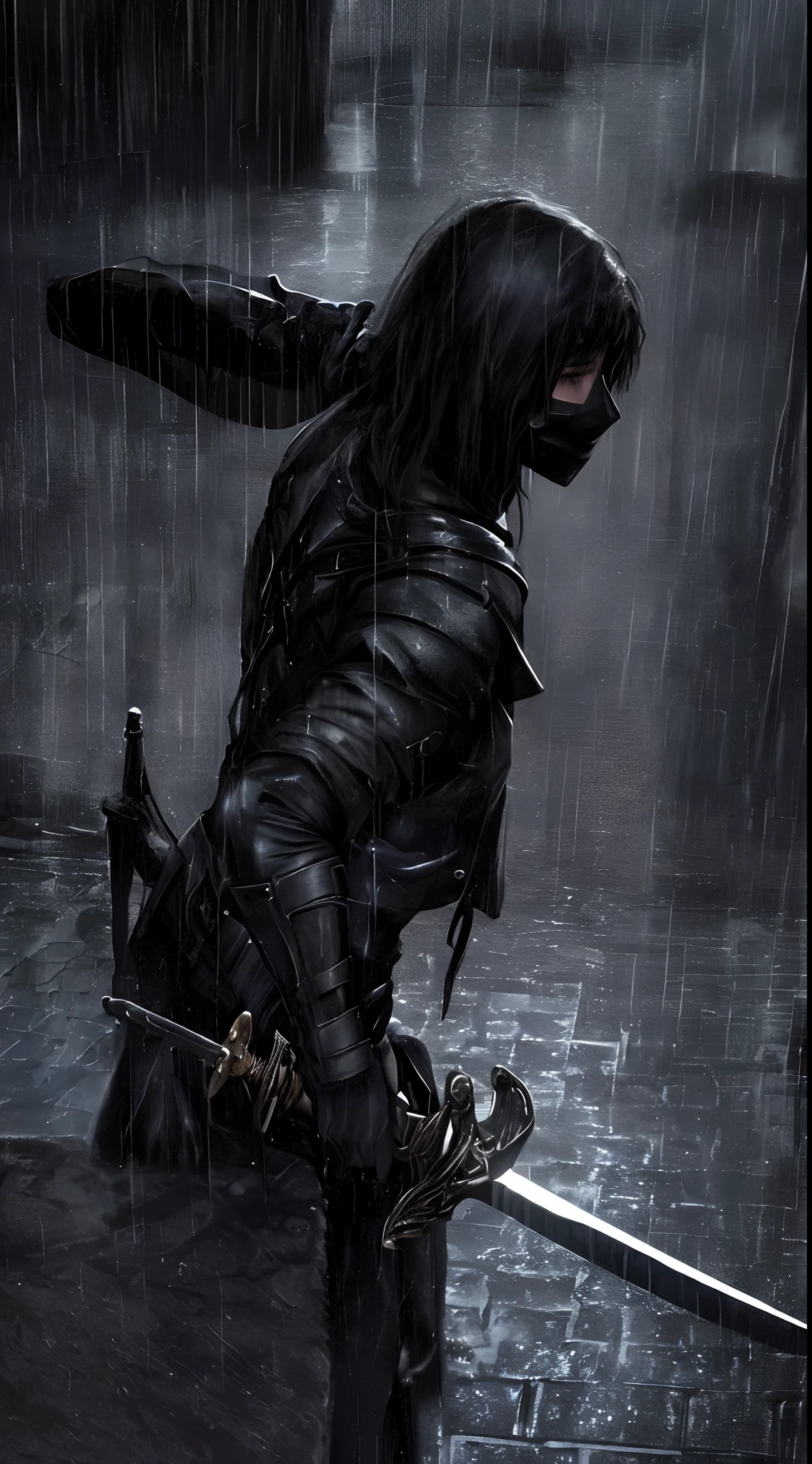 4k,high qulity,Realistic light and shadow,Realistic texture,Realistic raindrops,A masked teenage assassin with a sword,Rain,Dark tones,The light is dim