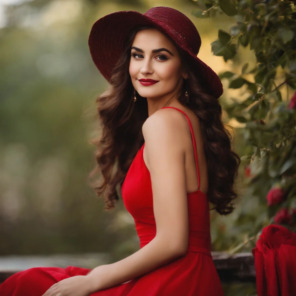 a portrait of happy girl wearing red dress