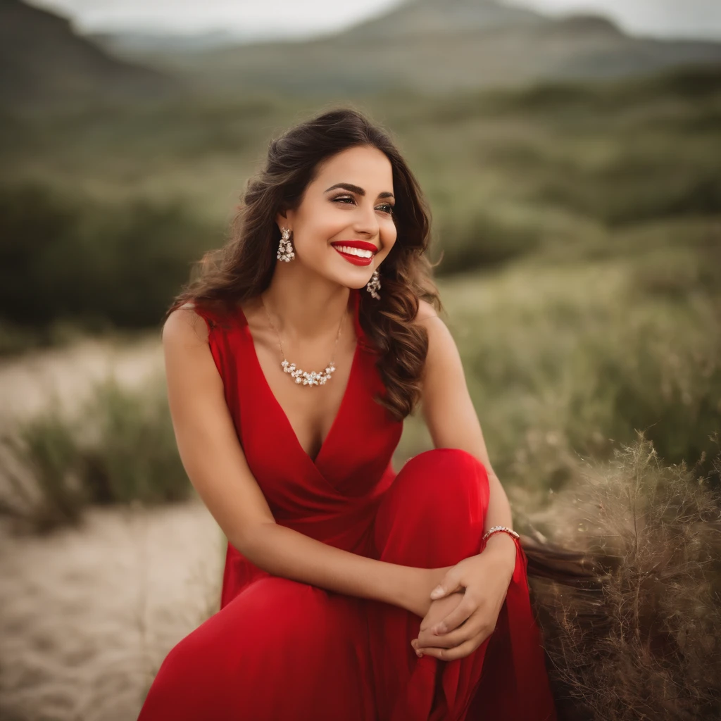a portrait of happy girl wearing red dress