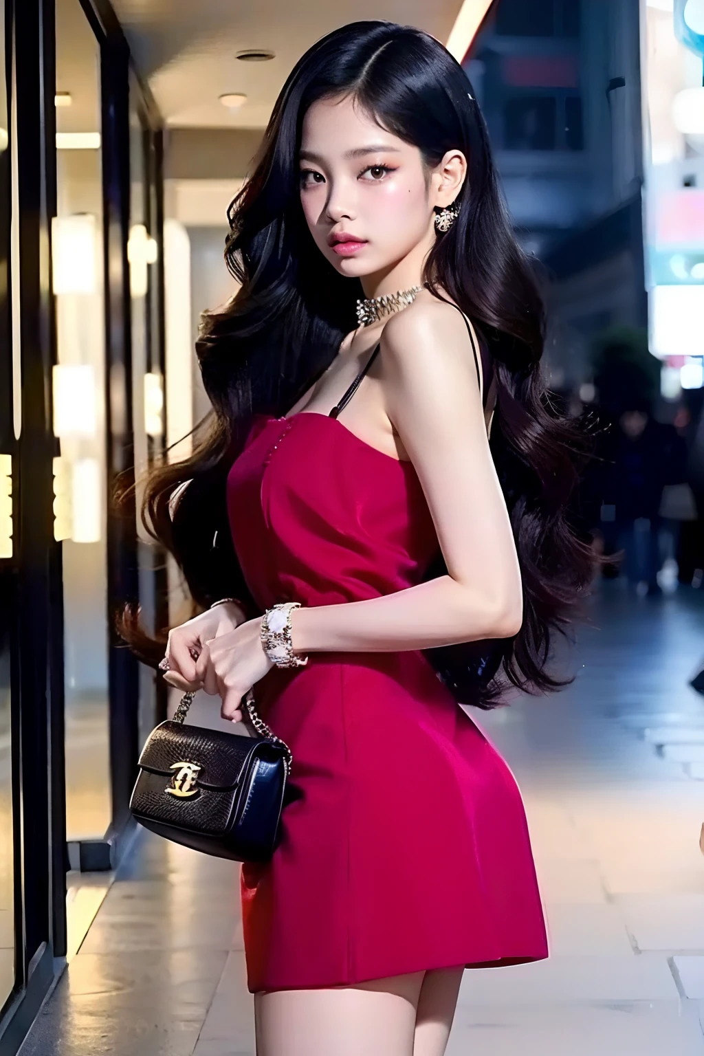 Jennie de Blackpink sexy com vestido rojo, pechos grandes, sexy cuerpo, ropa chanel y cabello ondulado