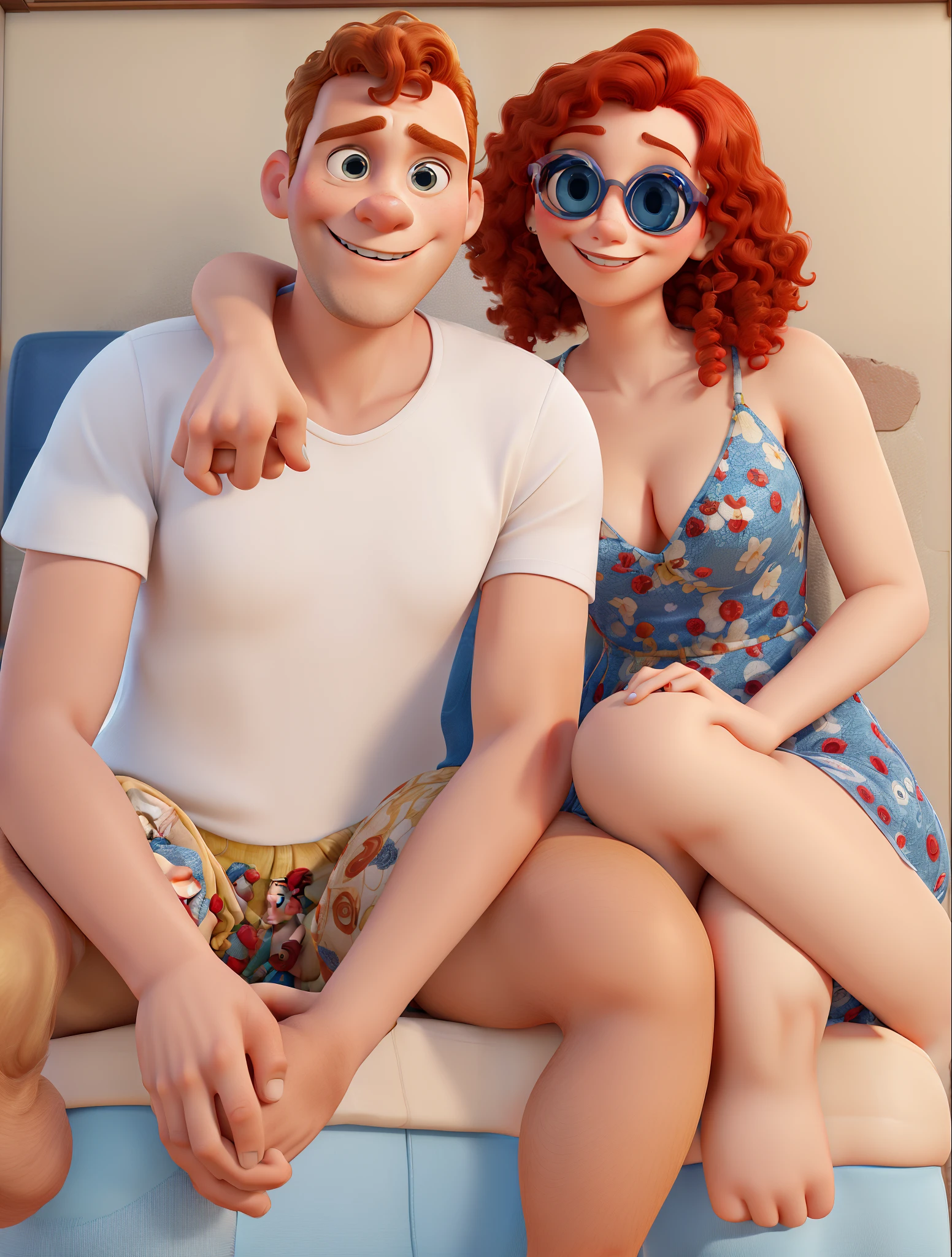 poster 3d estilo disney pixar, woman with red hair, woman with short hair, woman with curly hair, woman in blue dress, woman with big eyes. man with blond hair. man smiling. man short hair, man's hair yellow. man with a small ear, he in a suit and she in a dress. casal se beijando