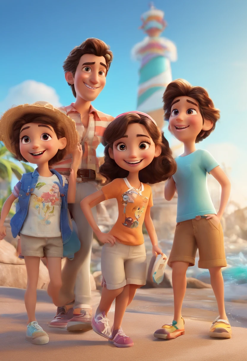 Cartoon of friends having fun on vacation together,  3D Animation Movie Poster, Poster de filme animado, pixar 3 d animation style, pixar renderman rendering, maia 8 mil, animated film, Disney Pixar Estilo 3D, amigos felizes saem juntos, all wearing light blue shirts and cream brown long pants, camisa azul clara, cream brown pants, ao ar livre, vacation, Disney Pixar Animation Poster