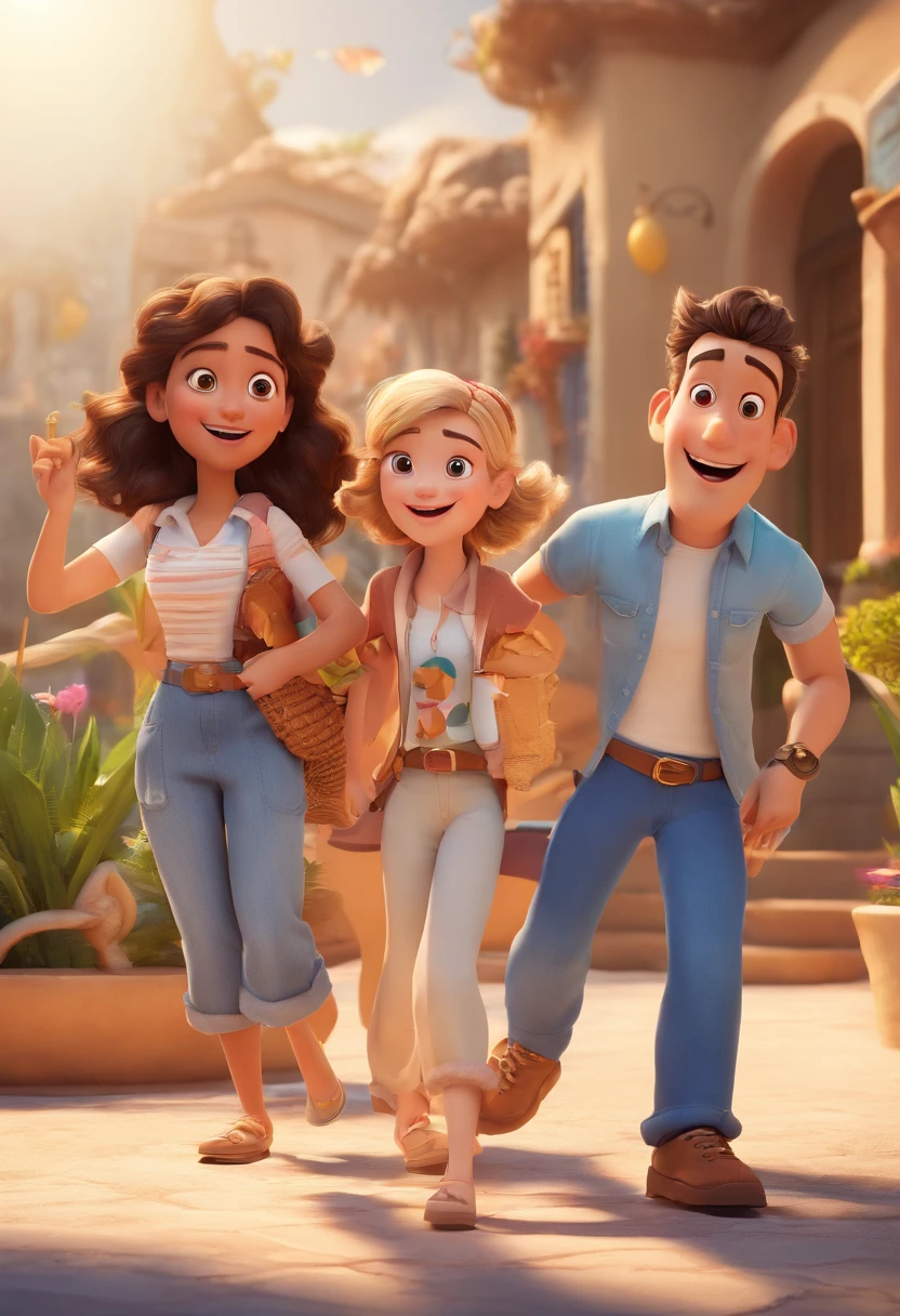 Cartoon of friends having fun on vacation together, 3D Animation Movie Poster, Poster de filme animado, pixar 3 d animation style, pixar renderman rendering, maia 8 mil, animated film, Disney Pixar Estilo 3D, amigos felizes saem juntos, all wearing light blue shirts and cream brown long pants, camisa azul clara, cream brown pants, ao ar livre, vacation, Disney Pixar Animation Poster