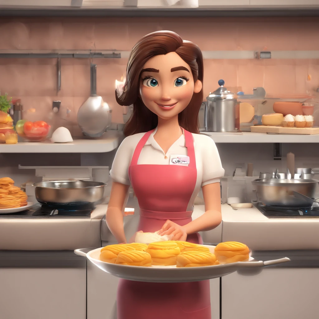 Crie uma cena de desenho animado estilo 3d -Pixar, Onde uma mulher, de cabelos lisos loros , olhos azuis com 35 anos de idade, She's cooking dressed as a pastry chef.