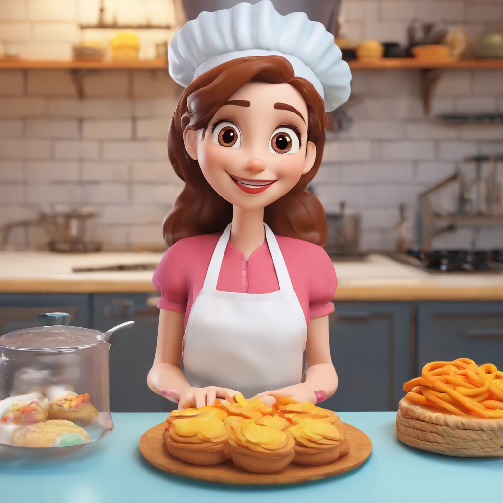 Crie uma cena de desenho animado estilo 3d -Pixar, Onde uma mulher, de cabelos lisos loros , olhos azuis com 35 anos de idade, She's cooking dressed as a pastry chef.