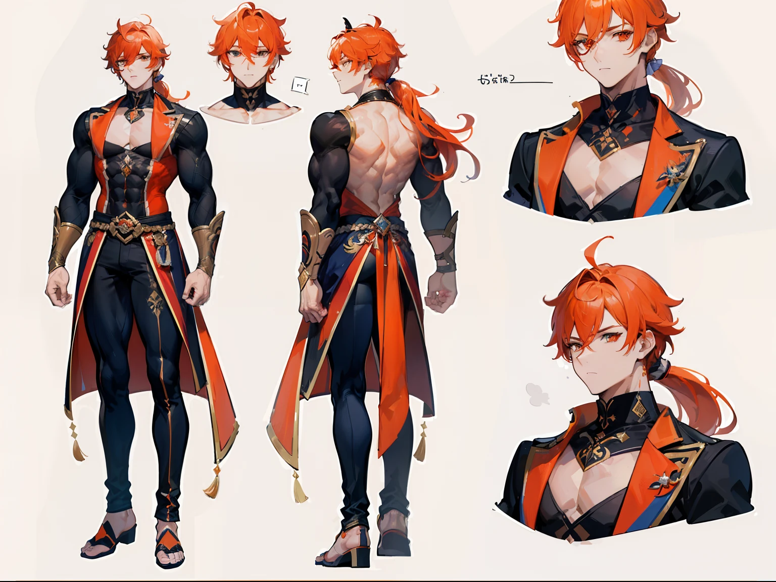 ((Masterpiece, Highest quality)), Male, boy, Detailed face, character design sheet, full bodyesbian, Full of details, frontal body view, back body view, Highly detailed, Depth, Many parts, Muscle boy with ponytail long orange hair,handsome man, muscle body, vampire outfit clothes, Genshin Impact, man tall, pectoral muscles, abs