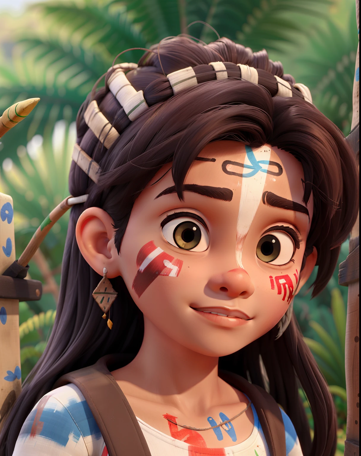 An unworthy Brazilian child with painted face, com arco e flechas, contra o pano de fundo de uma floresta
