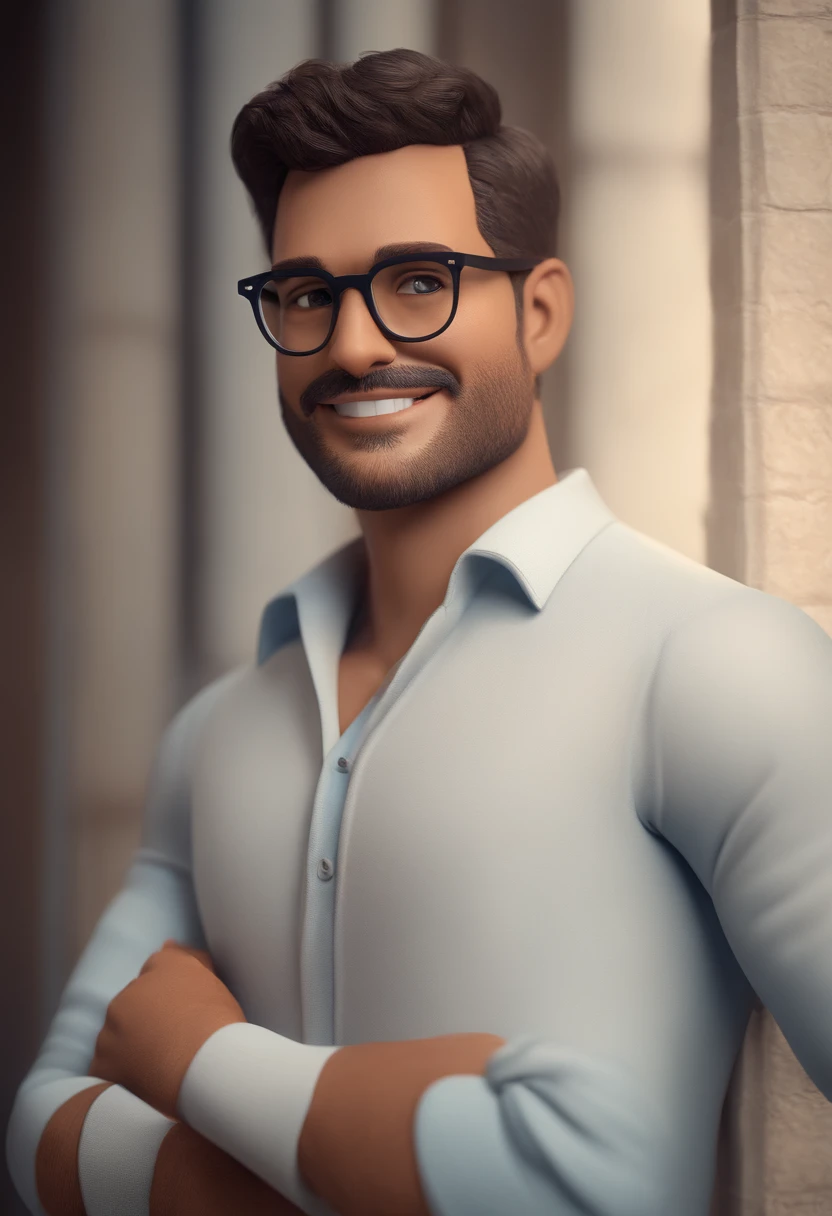 Smiling man in white shirt and glasses leaning against a wall, Carmelo Blandino, david rios ferreira, ignacio fernandez rios, Pablo Dominguez, Juanjo Guarnido, ignacio fernandez rios, Ignacio Rios, Pepe Moreno, marco bucci, Mimmo Rottela placeholder image, Carregado, Directed by: Luis Miranda, Icaro CarvalhoCartoon character of a man with black glasses and a blue shirt, animation character, Caractere estilizado, animation style rendering, 3D estilizado, Arnold Maya render, 3 d render stylized, toon render keyshot, Personagem 3D, Personagem 3D, 3d rendering stylized, 3 d character render, personagem de desenho animado, Personagem de close up, Pose de personagem, (Estilo Pixar) (master part:1.2) (Bokeh) (best quality) (pele detalhada) (textura detalhada) (8k) (argila) (Cinematic lighting) (foco nítido