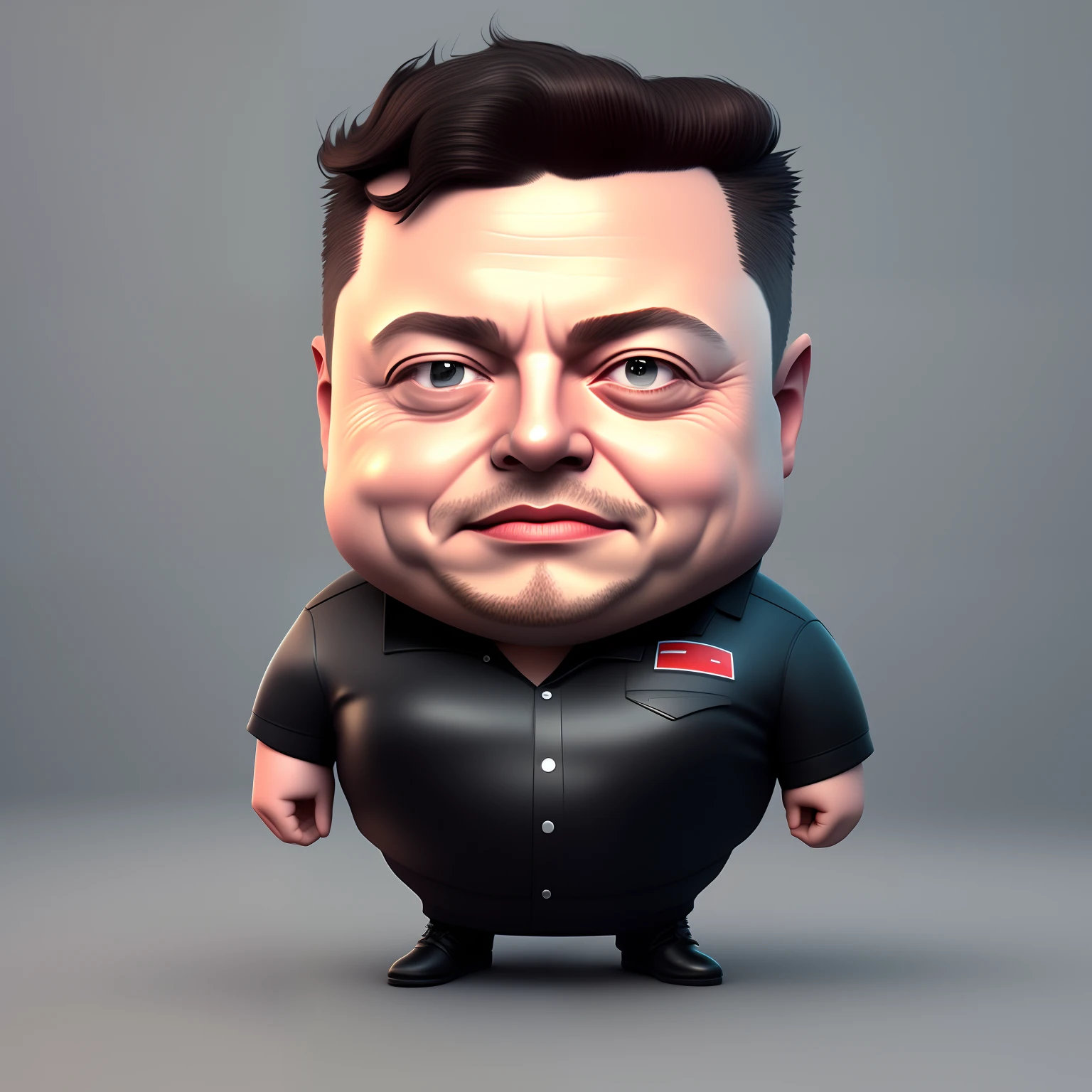 Single character, A cute caricature of Elon Musk, chubby, big eyes, black hairs, Tesla car background, realistic, 3d render, unreal 8k cinematic render