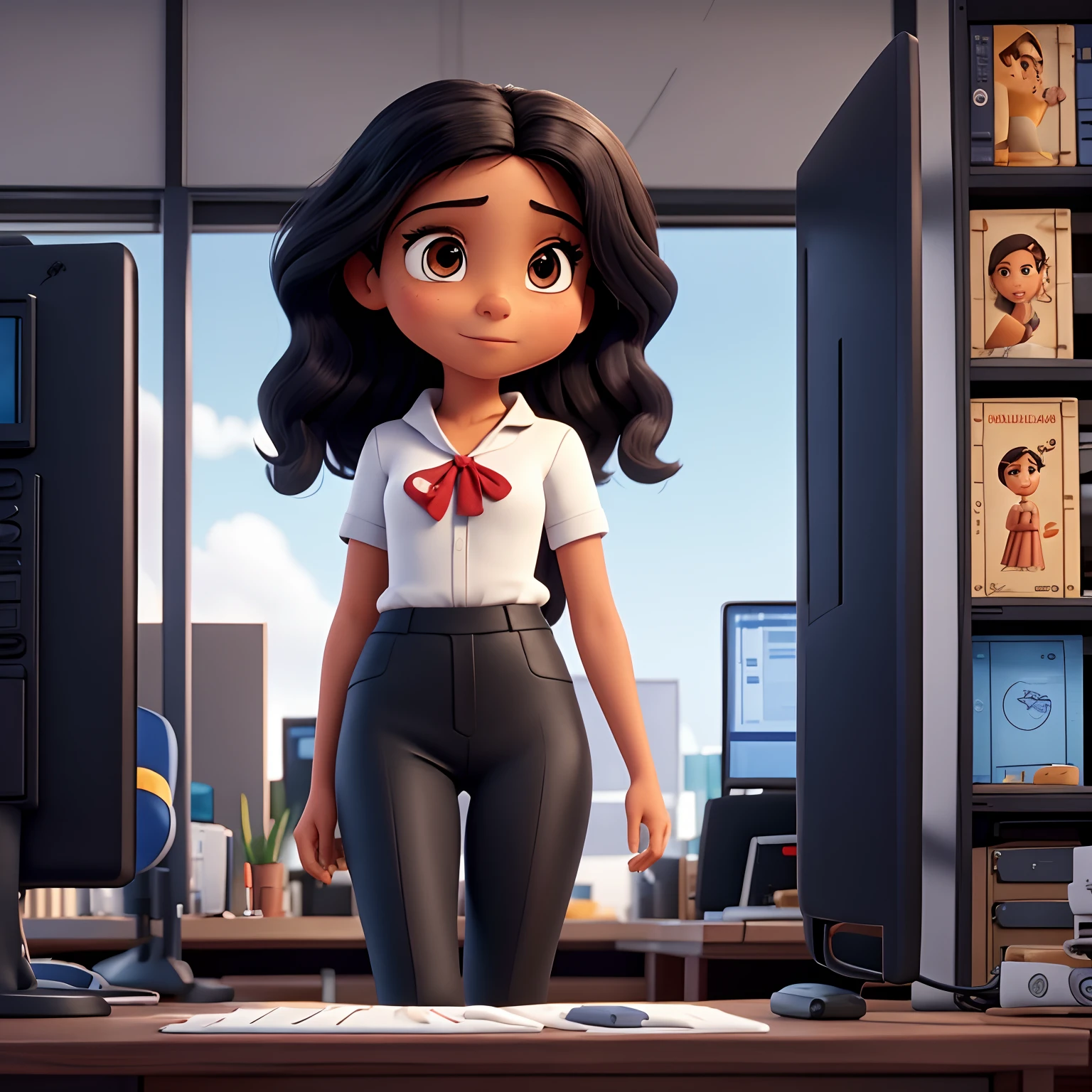 Capa de filme estilo Disney, uma menina morena com olhos castanhos, Tanned skin and long straight black hair working programming applications and an advanced technology office in the background