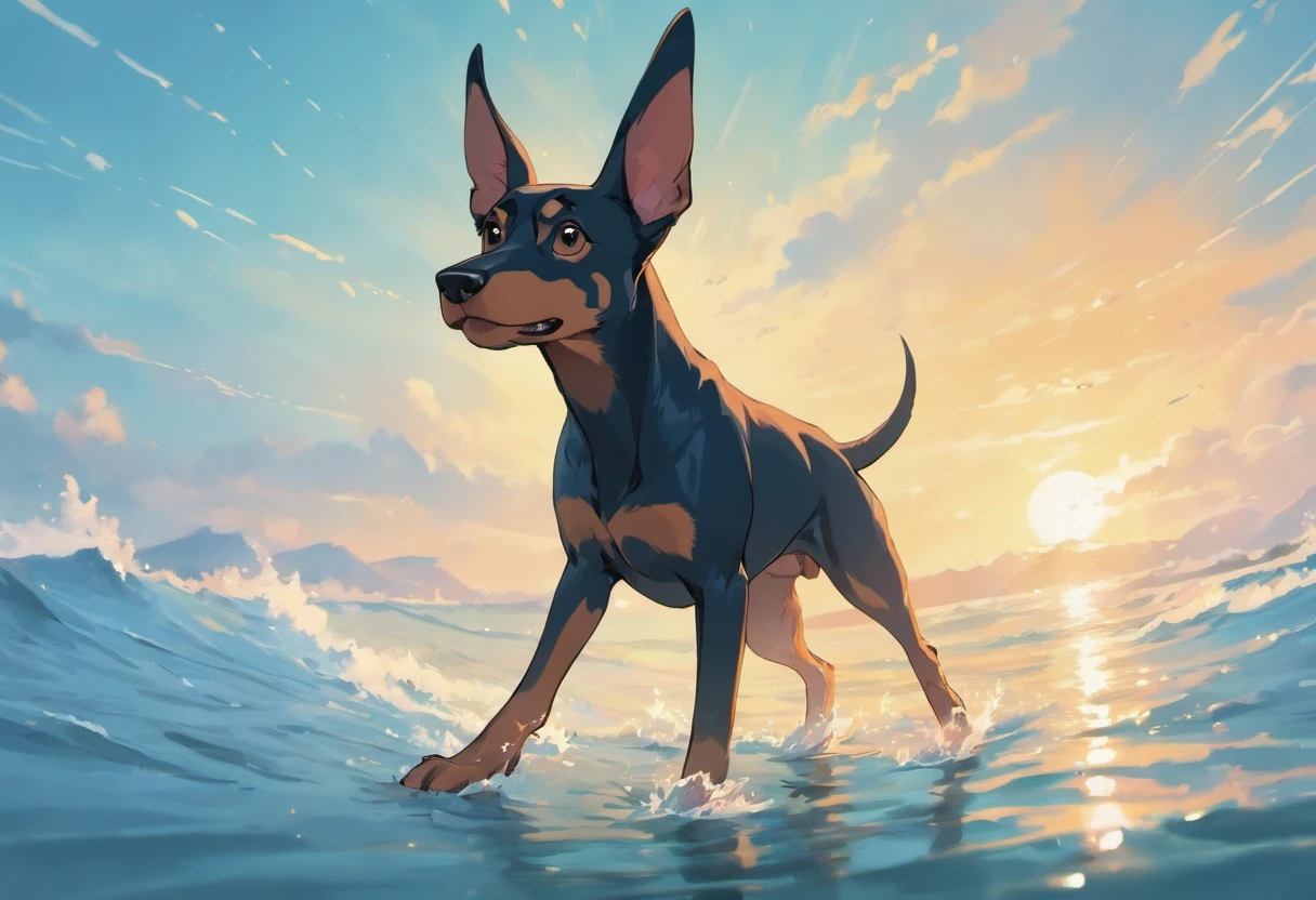 Adult Doberman Dog, Standing on 4 legs in the water near the shore. sobre um guarda sol, Mulher Sexy, respingando ondas, water reflections, raios de sol, Belas Nuvens