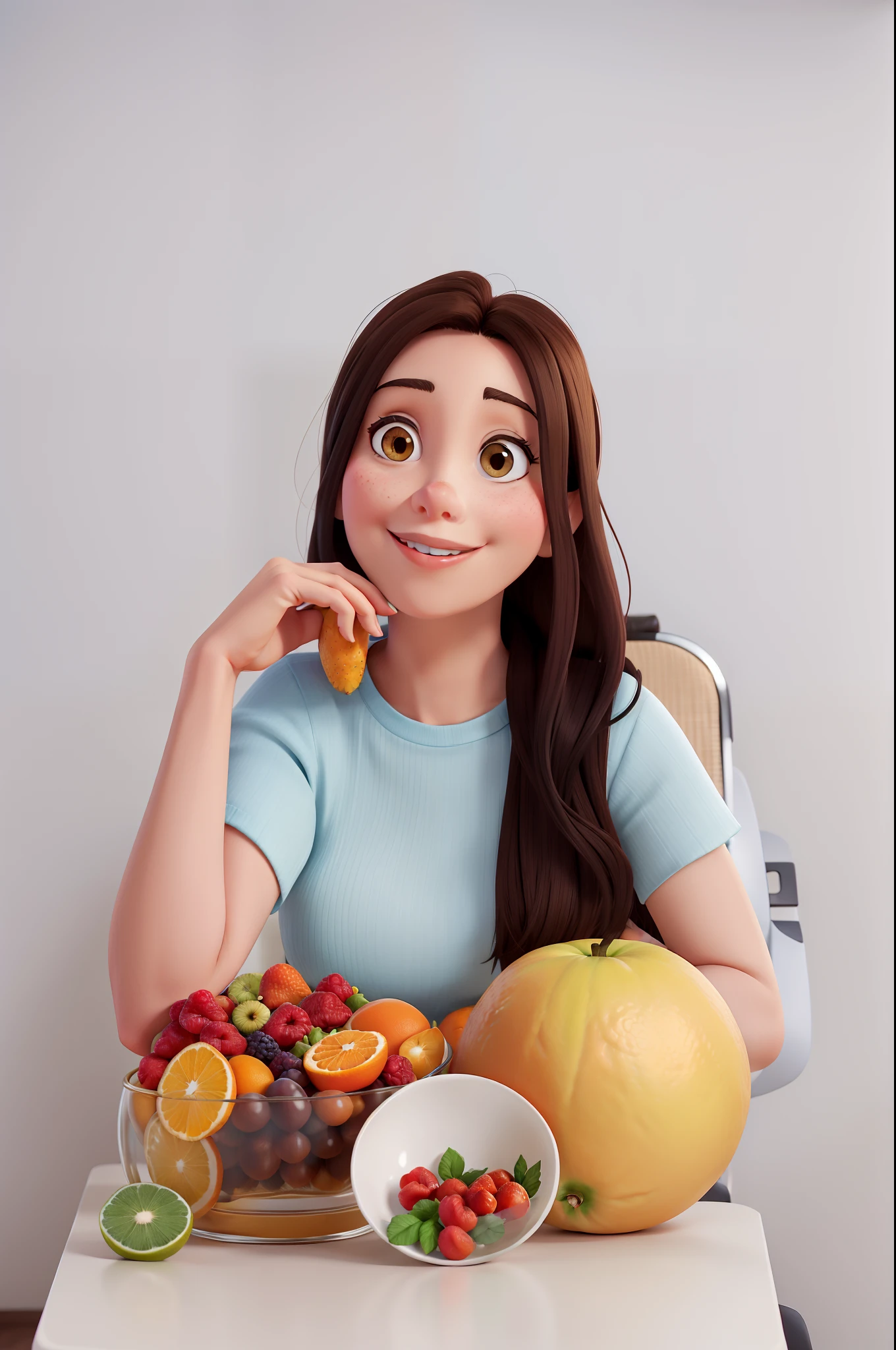 Brunette woman with short hair and laro orange dress sitting at an office table full of fruits, arte de anime realista, Disney pixel. nutricionista jaady c