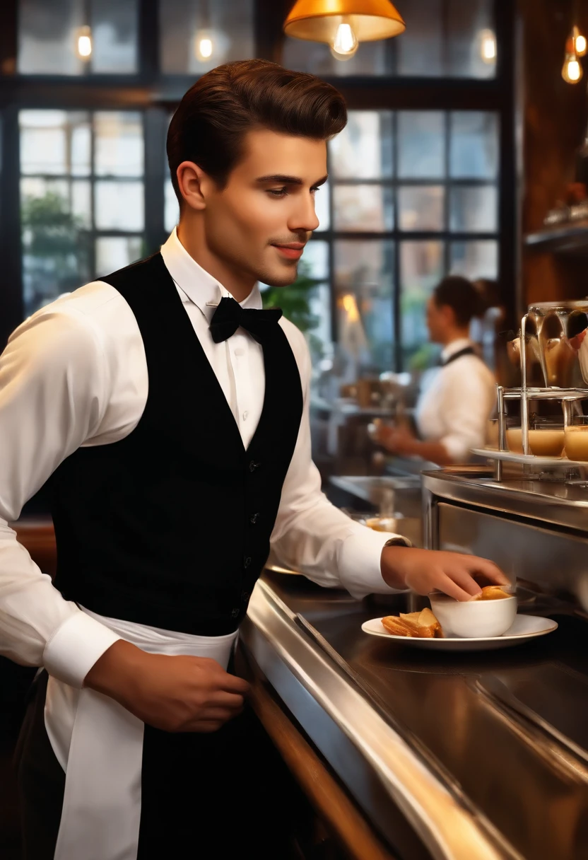 (best quality,ultra-detailed,realistic,highres:1.2),young waiter with straightened flags,illustration,dark background,crisp white shirt,professional,confident,smiling,black bowtie,long black apron,black trousers,classic leather shoes,well-groomed hair,modern cafe setting,clean and tidy counter,shiny stainless steel espresso machine,blurred customers in the background,soft warm lighting,vivid colors,depth of field focus on the waiter,artistic oil painting style,subtle brush strokes,emphasizing the waiter's facial features,striking blue eyes,sharp nose,rosy lips.