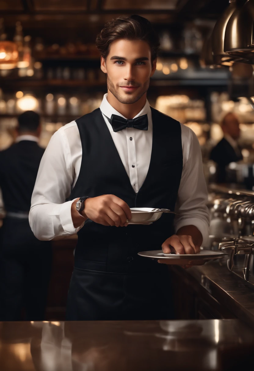 (best quality,ultra-detailed,realistic,highres:1.2),young waiter with straightened flags,illustration,dark background,crisp white shirt,professional,confident,smiling,black bowtie,long black apron,black trousers,classic leather shoes,well-groomed hair,modern cafe setting,clean and tidy counter,shiny stainless steel espresso machine,blurred customers in the background,soft warm lighting,vivid colors,depth of field focus on the waiter,artistic oil painting style,subtle brush strokes,emphasizing the waiter's facial features,striking blue eyes,sharp nose,rosy lips.