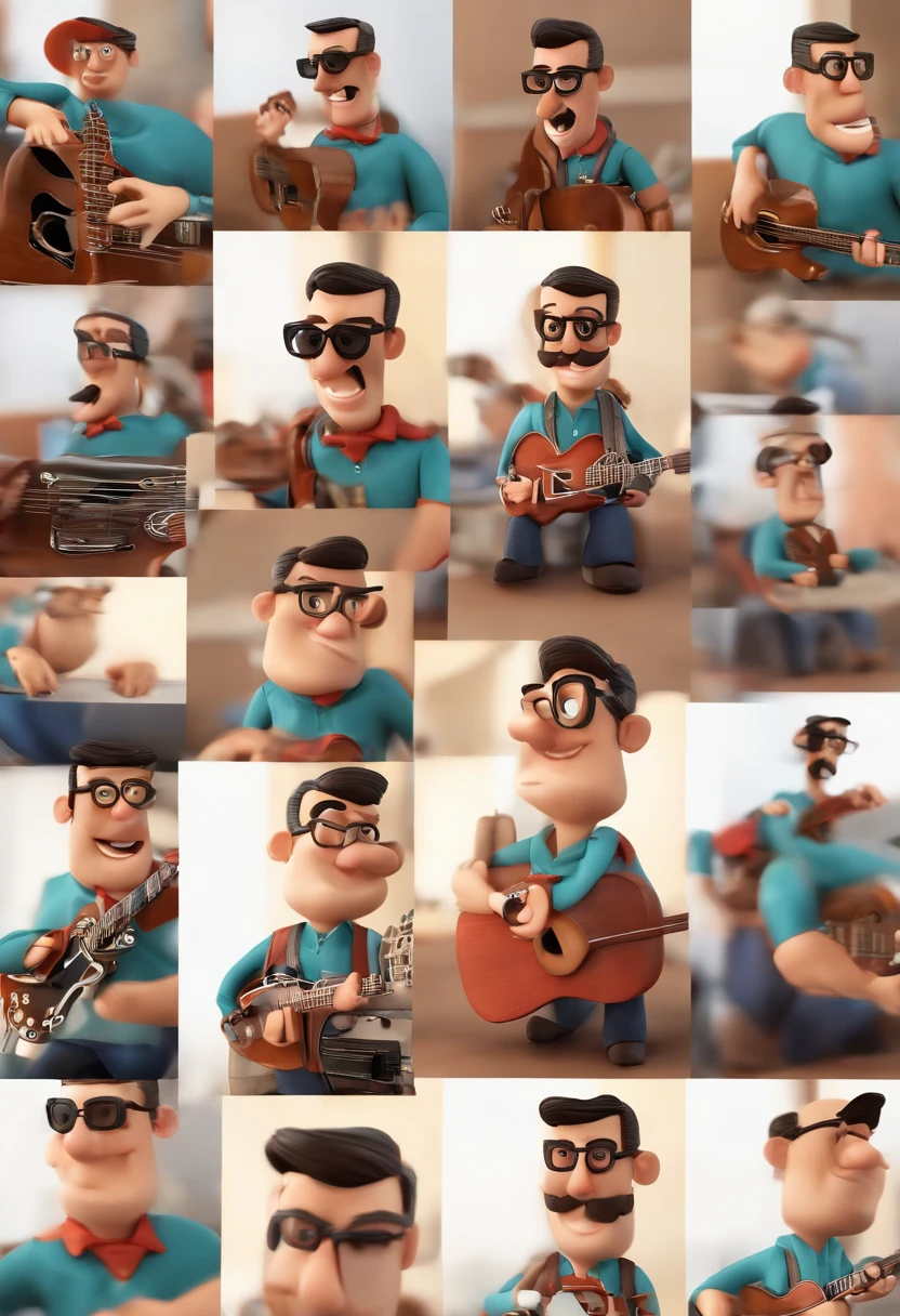 Cartoon character of a man with black aviator style glasses, e uma camisa do Flamengo, barba e levemente acima do peso, com uma stratocaster vermelha e um microfone vintage, animation character, Caractere estilizado, animation style rendering, 3D estilizado, Arnold Maya render, 3 d render stylized, toon render keyshot, Personagem 3D, Personagem 3D, 3d rendering stylized, 3 d character render, personagem de desenho animado, Personagem de close up, Pose de personagem, (Estilo Pixar) (master part:1.2) (Bokeh) (best quality) (pele detalhada) (textura detalhada) (8k) (argila) (Cinematic lighting) (foco nítido