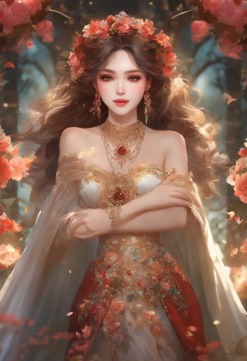 (from outside) , many colors,best quality best,,real photo,Delicate skin detailasterpiece,photo-realistic,intricate details,RAW photographer,in the garden,smile,floral pattern,Colorful cheongsam,very long hair,cropped shoulder,delicate face,Cleavage exposed,decorations,perfect finger,anatomy is correct,glowing skin