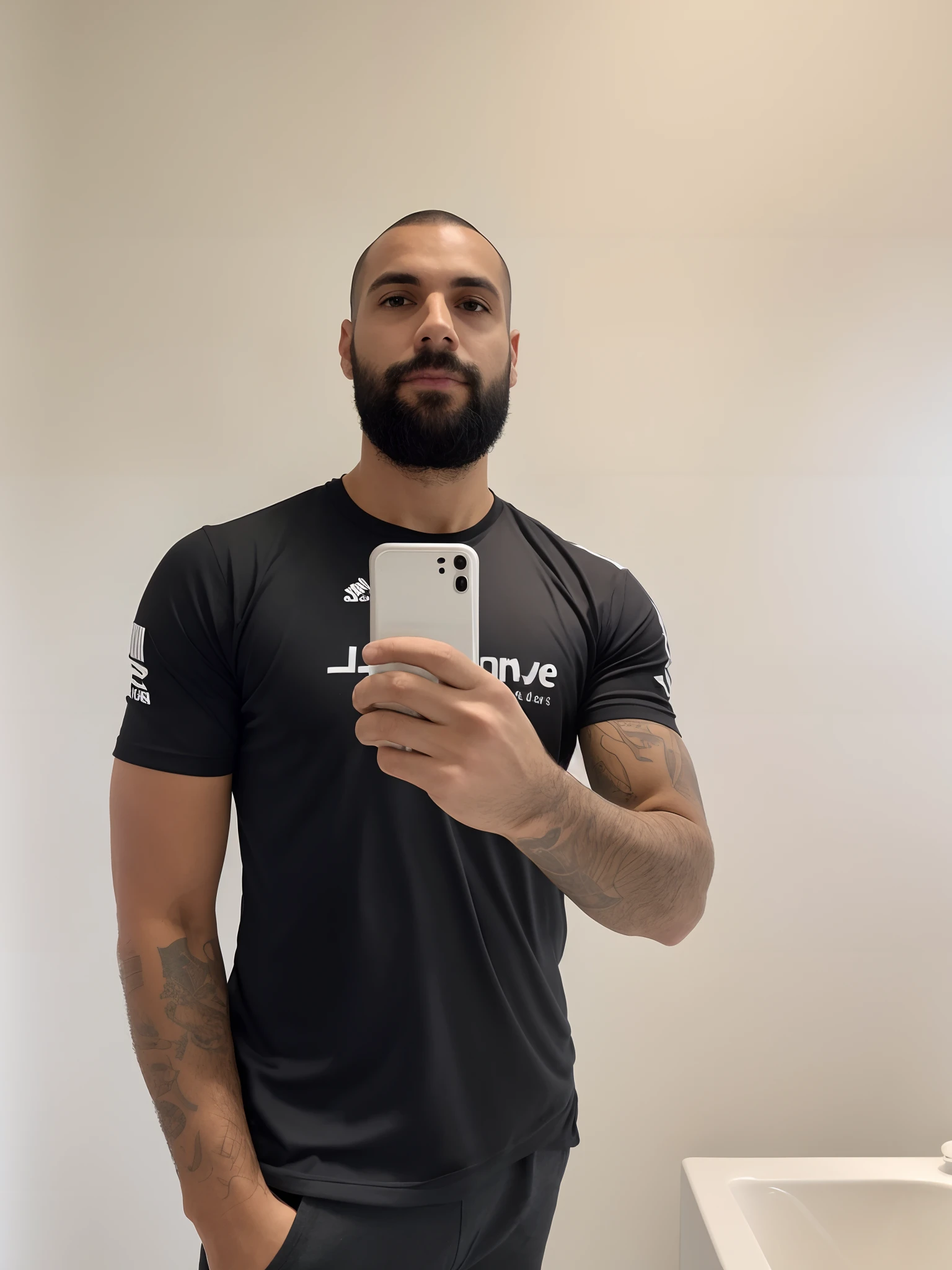there is a man taking a selfie in a bathroom mirror, he is wearing a black t-shirt, com barba e camisa preta, full body profile camera shot, foto de perfil profissional, Fotografia selfie 8k, com uma barba preta cheia, standing with a black background, he is holding a smartphone, Homem de 30 anos :: atletic, Foto de perfil