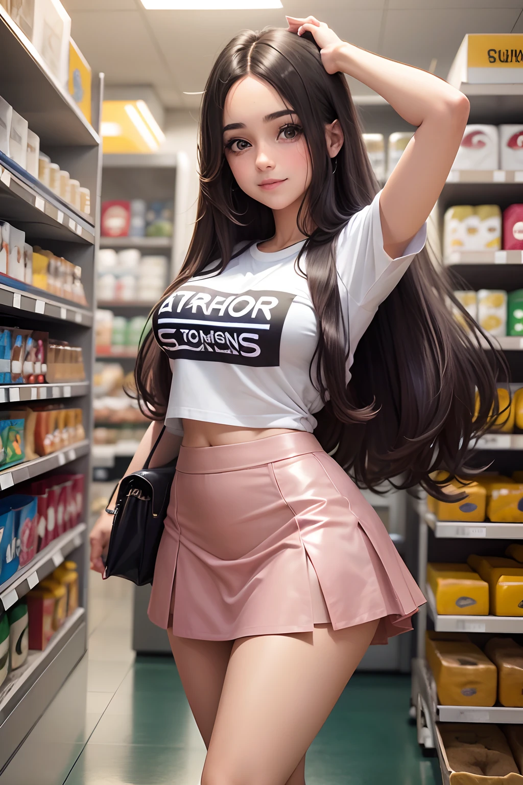 colegiala aparece de espaldas, ojos delineados, sonriente, cabello largo con coletas, Camiseta marcando el sujetador, She will wear a tight skirt, Cintura delgada, pechos muy grandes saltones, cadera enorme, ombligo, It will be in the supermarket