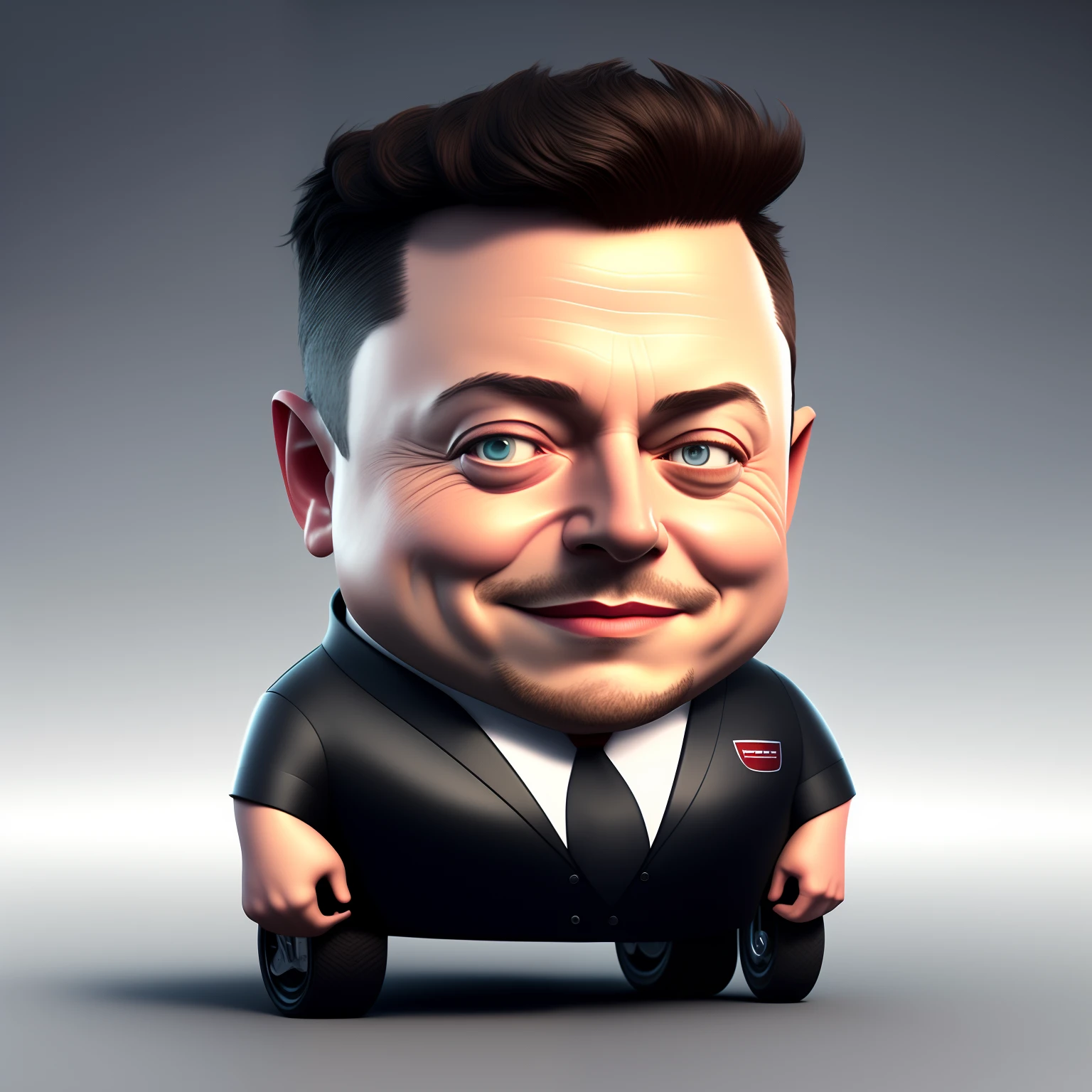 Single character, A cute caricature of Elon Musk, chubby, big eyes, black hairs, Tesla car background, realistic, 3d render, unreal 8k cinematic render