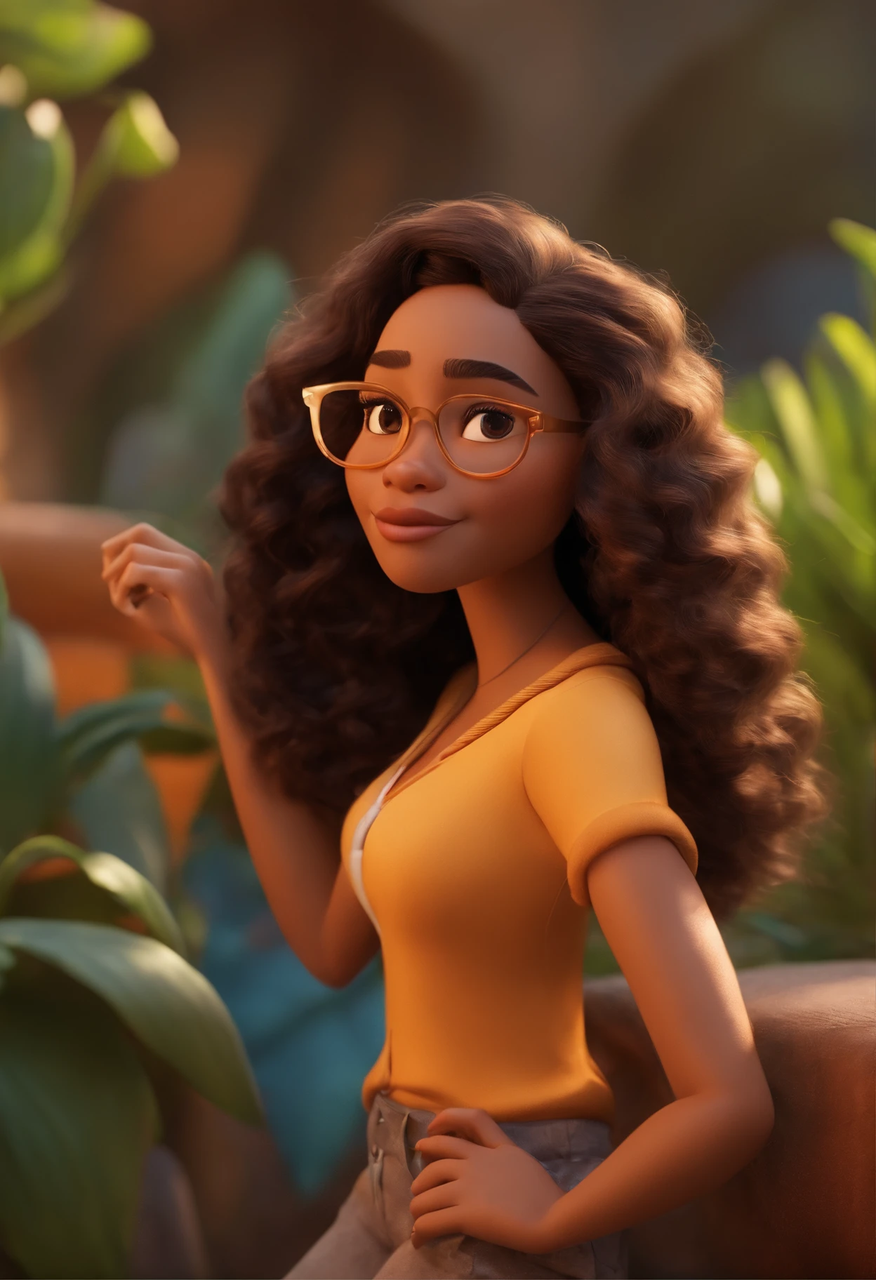 Pixar style image with 3D character white glasses mulatto woman medium wavy hair with arms crossed, Maquiagem Disney,Pescador, bonitinho, sorridente ,Close-up, Pixar, Disney, Cinema lighting,