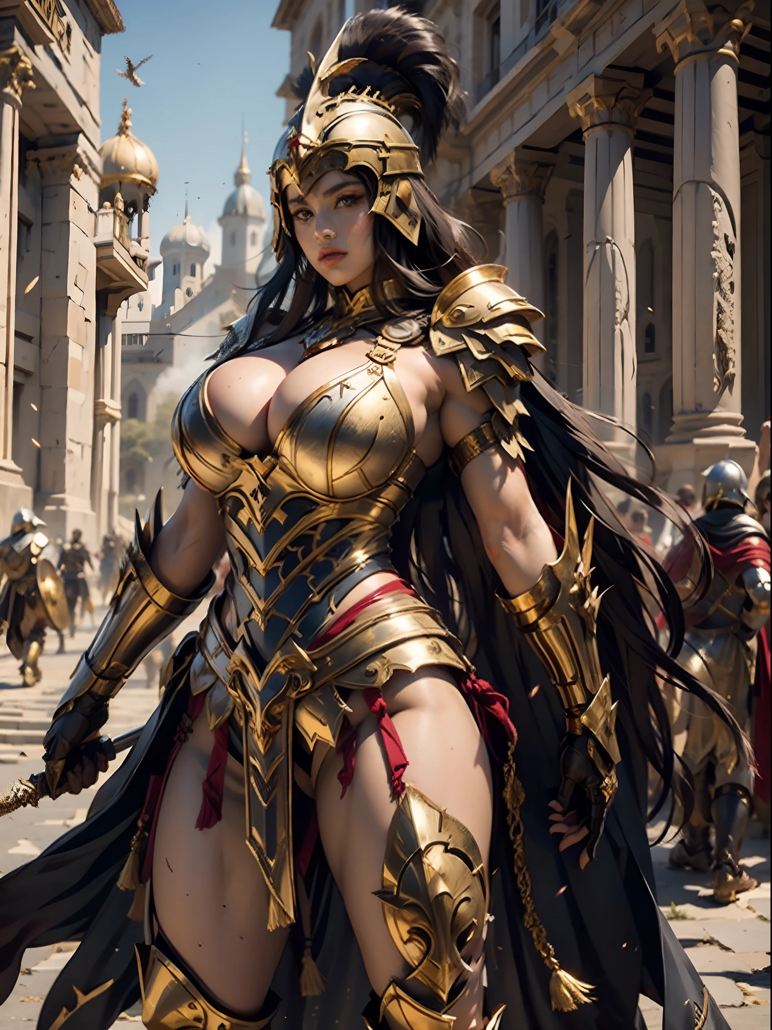 a beautiful golden-greek-armored warrioress, jet-black hair, hoplite helmet, muscular, huge and heavy breasts, looking at viewer, modelshot pose, masterpiece, best quality, 8k, blurred background, medieval fantasy castle in the background