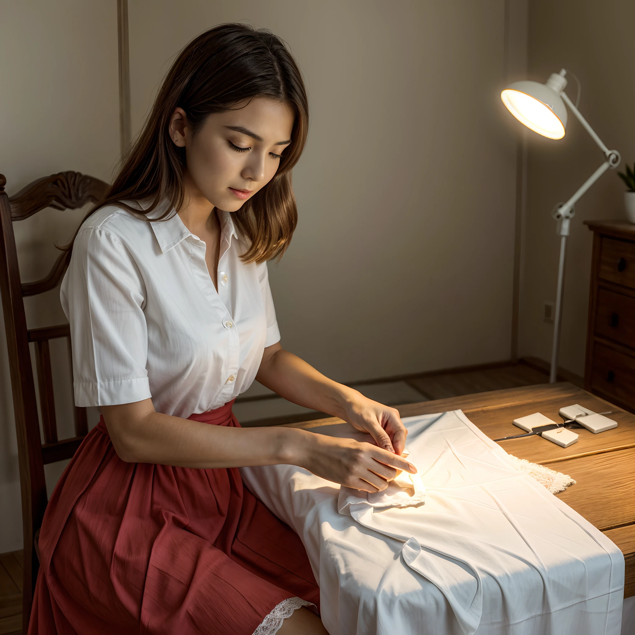 an old seamstress is sewing, (masterpiece, best quality), 1woman, full body, face marked by age, hide feet, documentary photo of Italian old woman wears very torn white shirt and a dirty old red long skirt, She is intent on sewing. She is embroidering a lace on a white sheet. The woman sews with needle and thread. Sitting in an old armchair. Typical old Italian room, smoke in the air, Tyndall effect, small particles in the air, very diffuse light, determined movements, green_eyes, red lips, slightly open mouth, closed eyes, soft light, lens flare, silhouette shadows, high res photo, high detailed, (highly detailed skin:1.2), 16k, High details. ultra high res.photorealistic:1.4, UHD, DSLR, soft lighting, high quality, grain color film, FujifilmXT3, low angle point of view