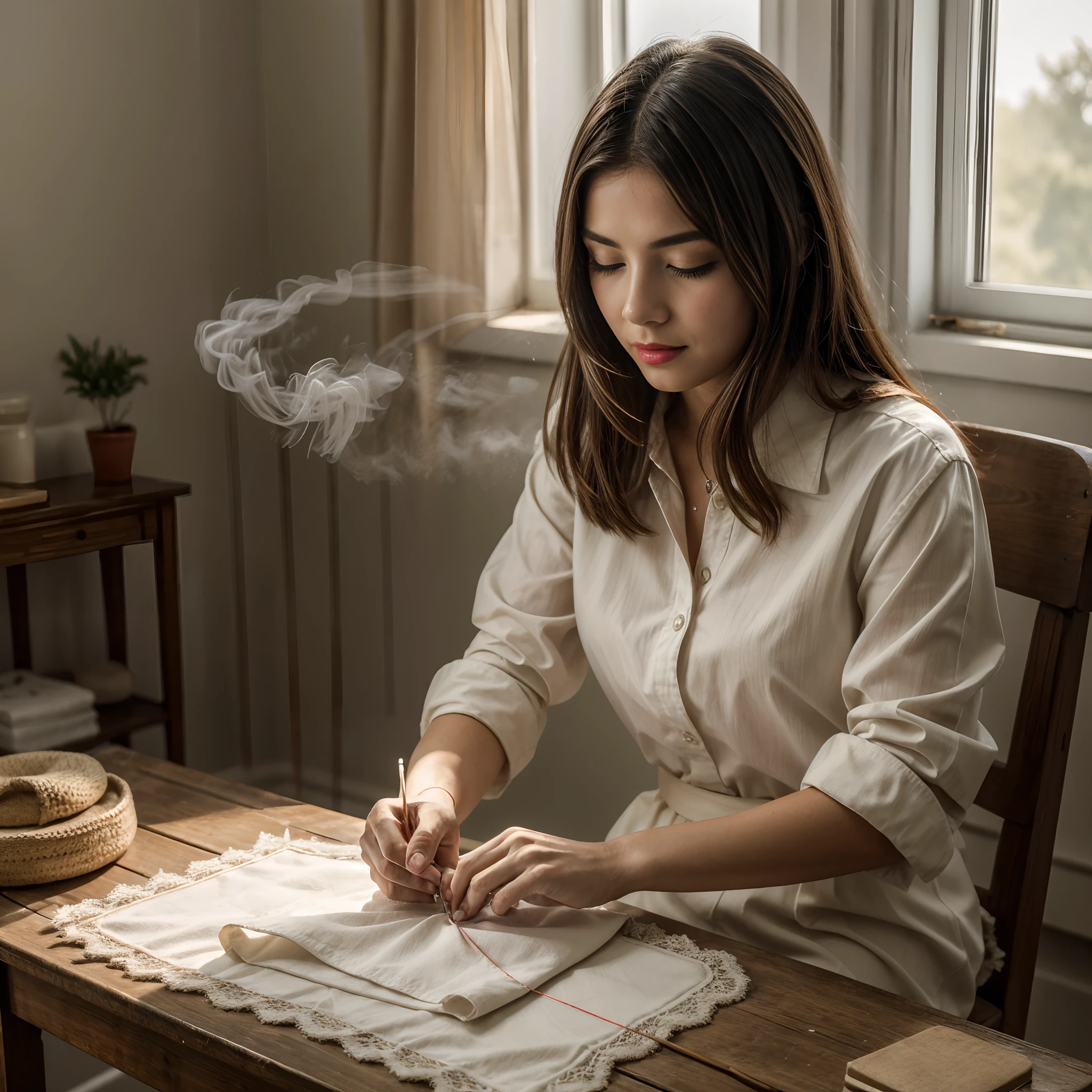 an old seamstress is sewing, (masterpiece, best quality), 1woman, full body, face marked by age, hide feet, documentary photo of Italian old woman wears very torn white shirt and a dirty old red long skirt, She is intent on sewing. She is embroidering a lace on a white sheet. The woman sews with needle and thread. Sitting in an old armchair. Typical old Italian room, smoke in the air, Tyndall effect, small particles in the air, very diffuse light, determined movements, green_eyes, red lips, slightly open mouth, closed eyes, soft light, lens flare, silhouette shadows, high res photo, high detailed, (highly detailed skin:1.2), 16k, High details. ultra high res.photorealistic:1.4, UHD, DSLR, soft lighting, high quality, grain color film, FujifilmXT3, low angle point of view
