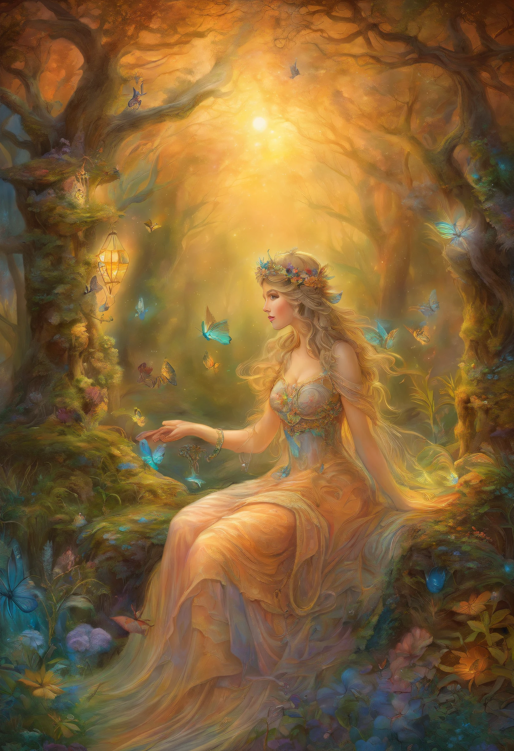 a drawing,A woman sits in the forest with a lantern, enchanted magical fantasy forest, an enchanted forest, psychedelic forest, intricate fantasy painting, fantasy artrealistic painting, magical fantasy forest, Fantasy painting, fairy tale forest, an enchanted forest, magic fairy forest, fantasy oil canvas, magic fantasy highly detailed, Fantasy Forest, Inspired by Josephine Wall, fantasy highly detailed