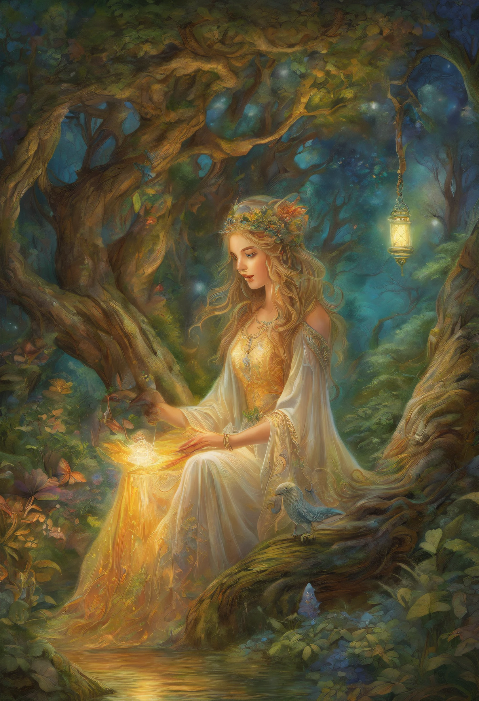 a drawing,A woman sits in the forest with a lantern, enchanted magical fantasy forest, an enchanted forest, psychedelic forest, intricate fantasy painting, fantasy artrealistic painting, magical fantasy forest, Fantasy painting, fairy tale forest, an enchanted forest, magic fairy forest, fantasy oil canvas, magic fantasy highly detailed, Fantasy Forest, Inspired by Josephine Wall, fantasy highly detailed