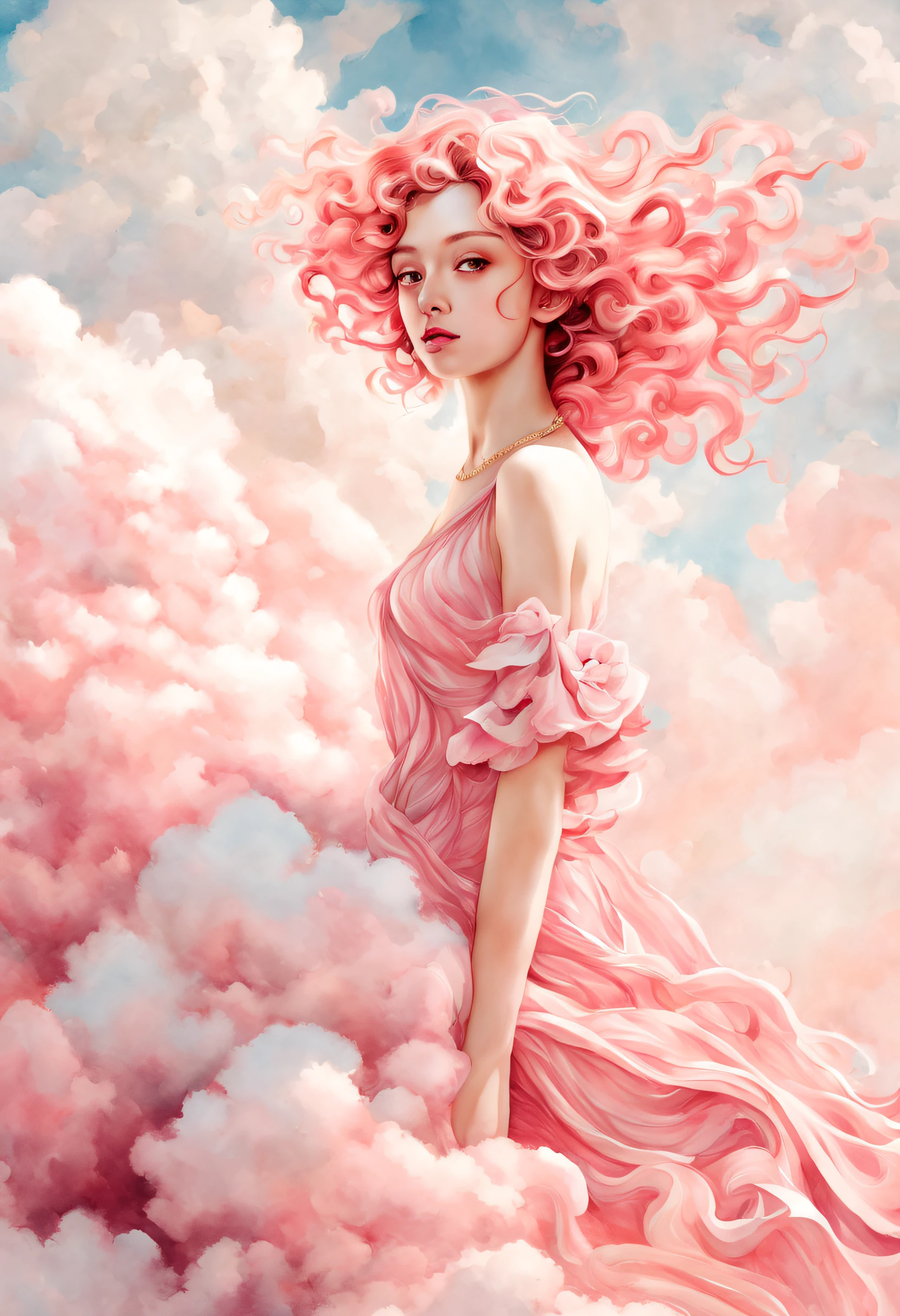 Create an illustration using the soft and ethereal qualities of watercolor. Beautiful pink skin anime model full body, sun-bathing on floating cloud along the suns surface, enticing eyes, curly hair dreamy, background thick clouds,, hyperdetailed, detailed, (masterpiece) . high fashion, luxurious, extravagant, stylish, sensual, opulent, elegance, stunning beauty, professional, high contrast, detailed,  Depict a dreamy, whimsical scene with elements that seem to merge with the background