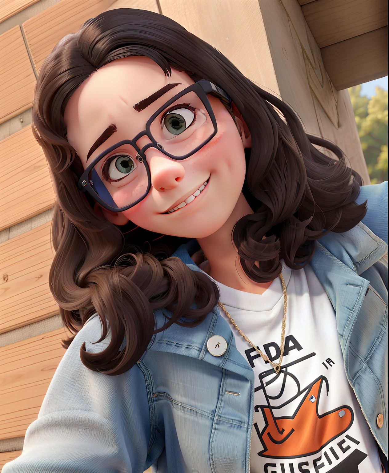 Girl with glasses, com jaqueta jeans e camiseta branca