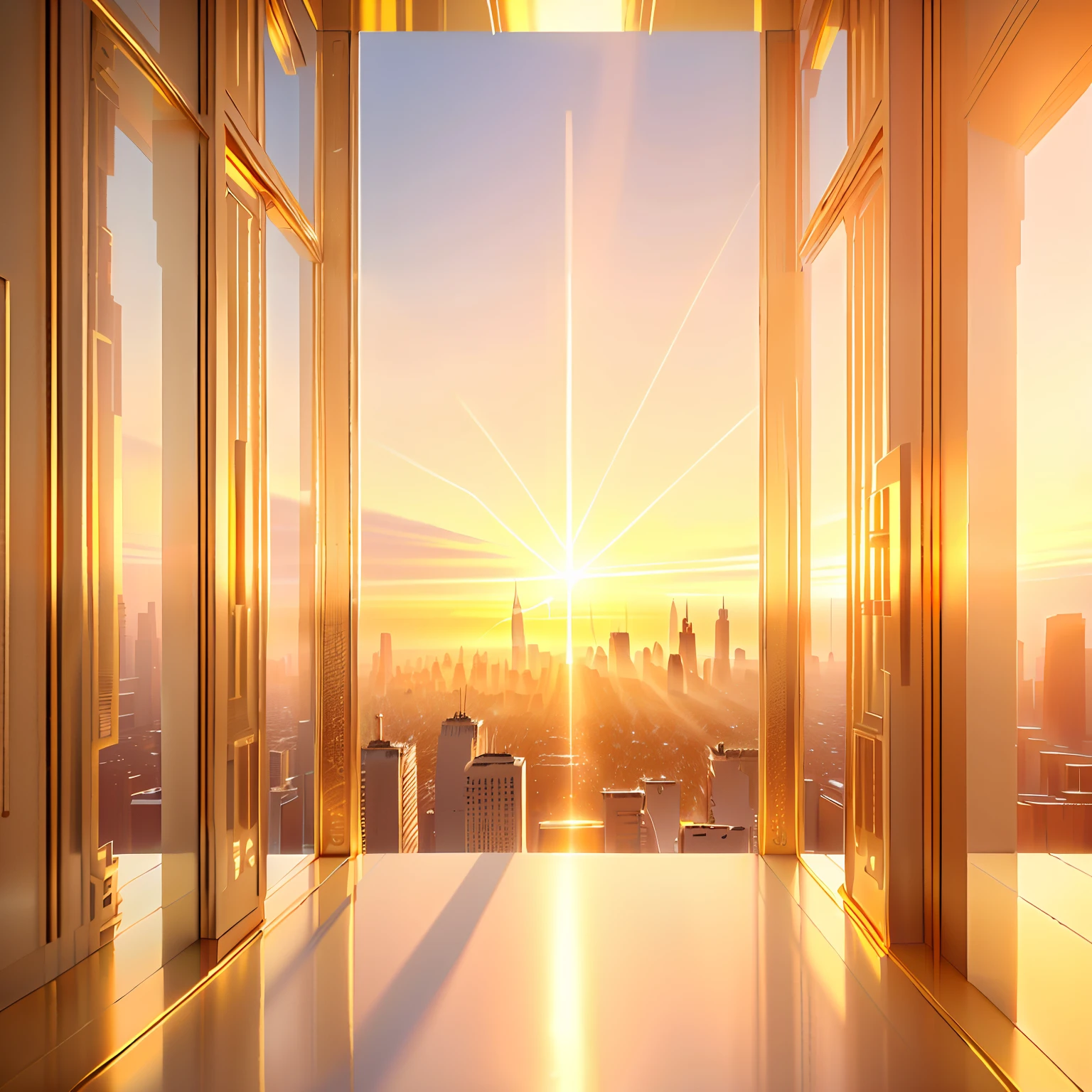 in style of 3d render, golden hour background, gold and luxury materials, transparent glass surfaces, morning lighting, golden hour scene, perspective 3 d octane render, well lit 3 d render, raytraced 3d set design, golden rays of sunlight, cinema 4d bright light render,Infused with aurora,Golden sky,Brilliant,starlights