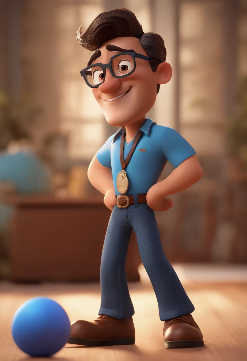 Cartoon character of a man with black glasses and a blue shirt, animation character, Caractere estilizado, animation style rendering, 3D estilizado, Arnold Maya render, 3 d render stylized, toon render keyshot, Personagem 3D, Personagem 3D, 3d rendering stylized, 3 d character render, personagem de desenho animado, Personagem de close up, Pose de personagem, (Estilo Pixar) (master part:1.2) (Bokeh) (best quality) (pele detalhada) (textura detalhada) (8k) (argila) (Cinematic lighting) (foco nítido