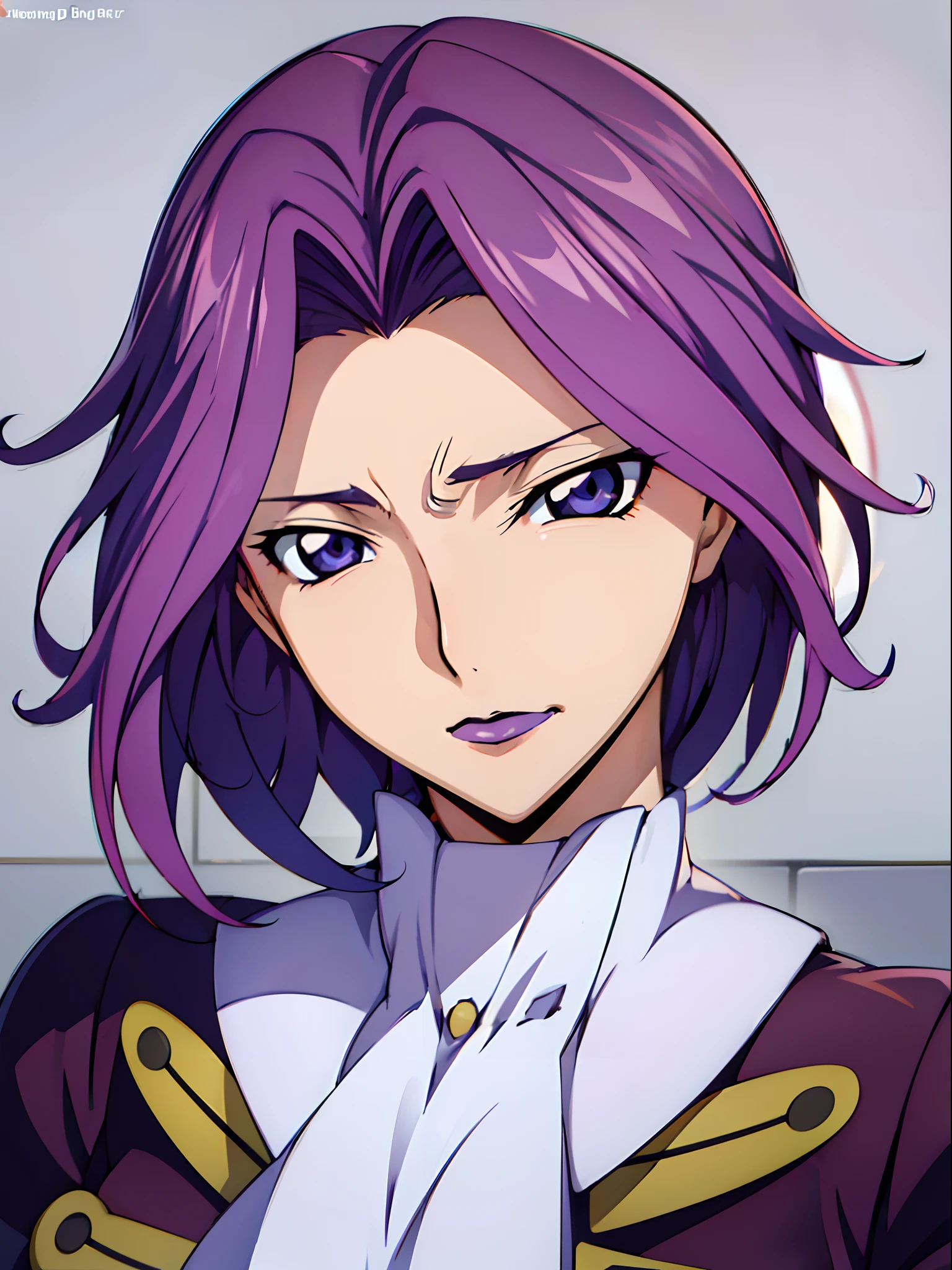 Simple white background,

purple outfit,Military, Military uniform,

Purple hair,Purple eyes, ((((straight Hair)))),makeup,

1 girl, 35yr old,milf,Beautiful Finger,Beautiful long legs,Beautiful body,

Beautiful nose,Beautiful character design, Perfect eyes, Perfect face,Expressive eyes,Perfect balance,

Looking at Viewer,(Focus on her face),Closed mouth, (Innocent_Big_Eyes:1.0),(light_Smile:0.3),

Official art,Highly detailed CG Unity 8k wallpaper, Perfect Lighting,Colorful, Bright_front_Face_Lighting,White skin,

(masutepiece:1.0),(best_quality:1.0), 超A high resolution,4K,Ultra-detailed,

Photography, 8K, nffsw, hight resolution, absurderes:1.2, Kodak Portra 400, Film grain, Blurry background, Bokeh:1.2, Lens Flare, (Vibrant_Color:1.2),professional photograpy,

(Beautiful,breasts:1.0), (Beautiful_Face:1.5),(narrow_waist),(((((((very_Short_hair))))))),(((hoop_earrings)))