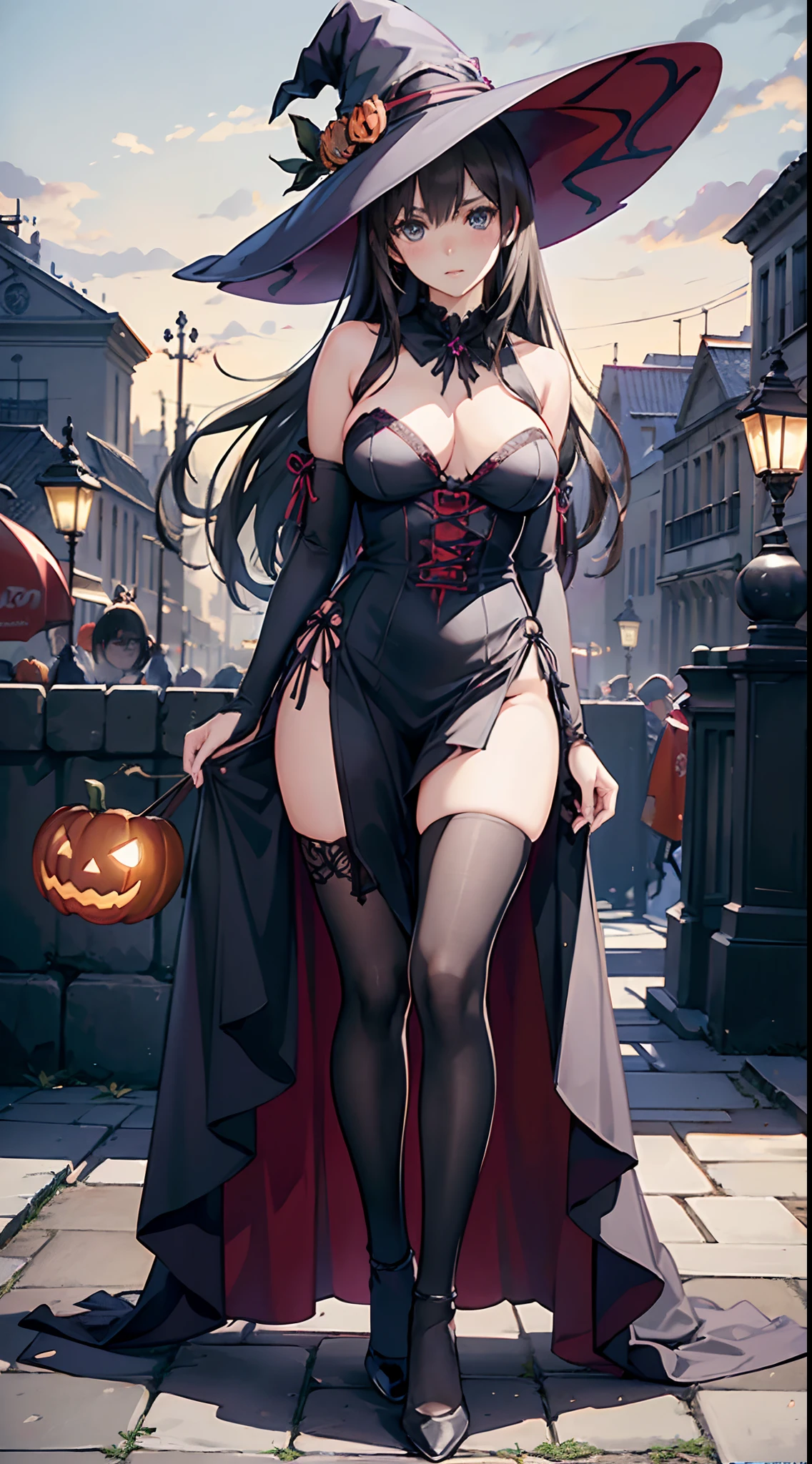 (Best Quality, 4K, 8K, hight resolution, masutepiece:1.2), Ultra-detailed, (Realistic, Photorealistic, Photorealsitic:1.37), Mature Woman, Adult Woman, notre dame, Halloween Scenery,Midnight,masutepiece, Highest Quality, Ultra-fine,max resolution, Extremely detailed, ((Halloween Style Costumes,a miniskirt,witch's hat)),Huge breasts, Big ass,Seductive thighs,overknee socks,(((Beautiful skins))),red blush,,is standing,White panties